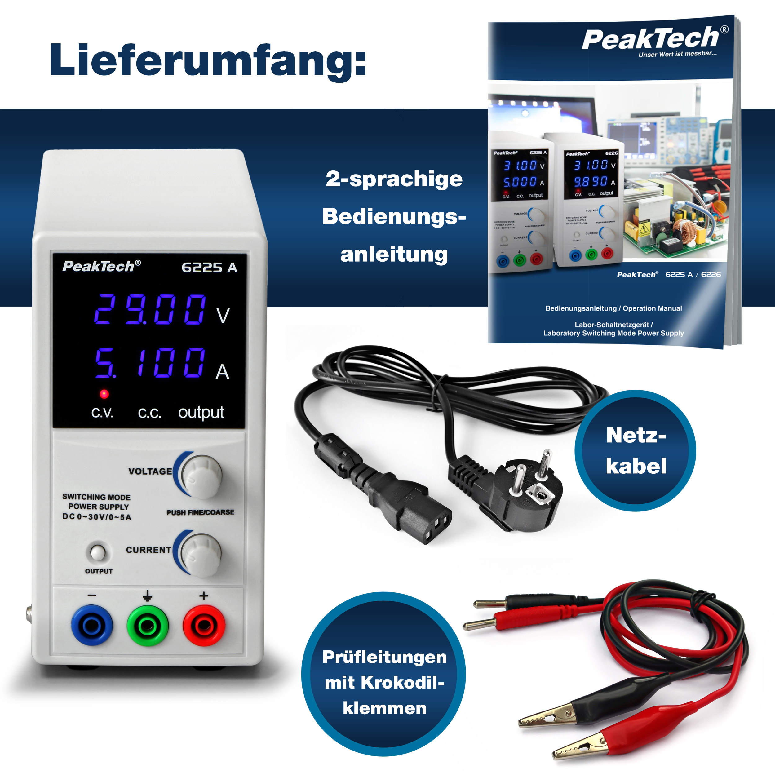 «PeakTech® P 6225 A» Zasilacz laboratoryjny 0 - 30 V / 0 - 5 A DC