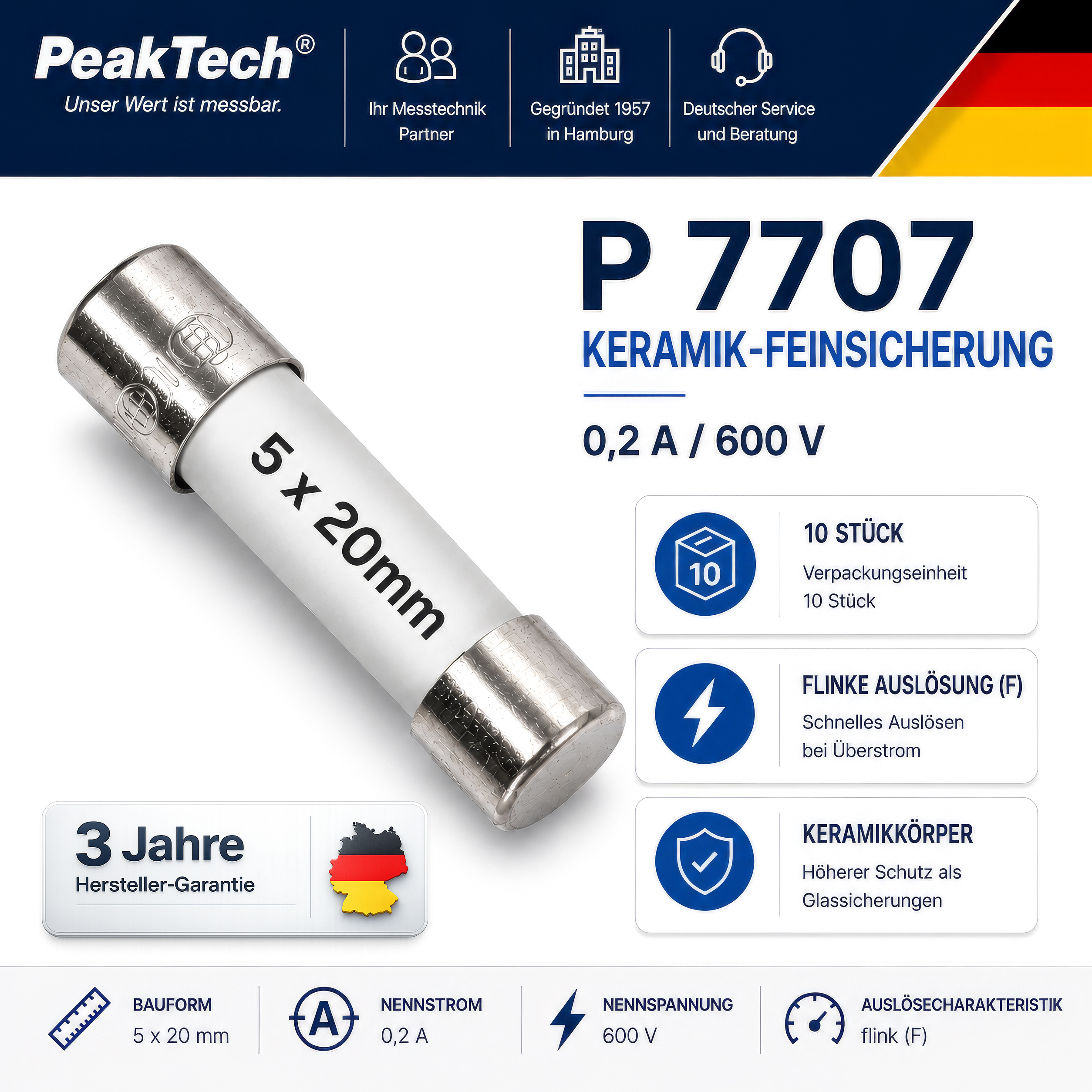 "PeakTech® P 7707" Microfusibile ~ 0,2 A / 600 V ~ 5 x 20 mm ~ veloce (F)