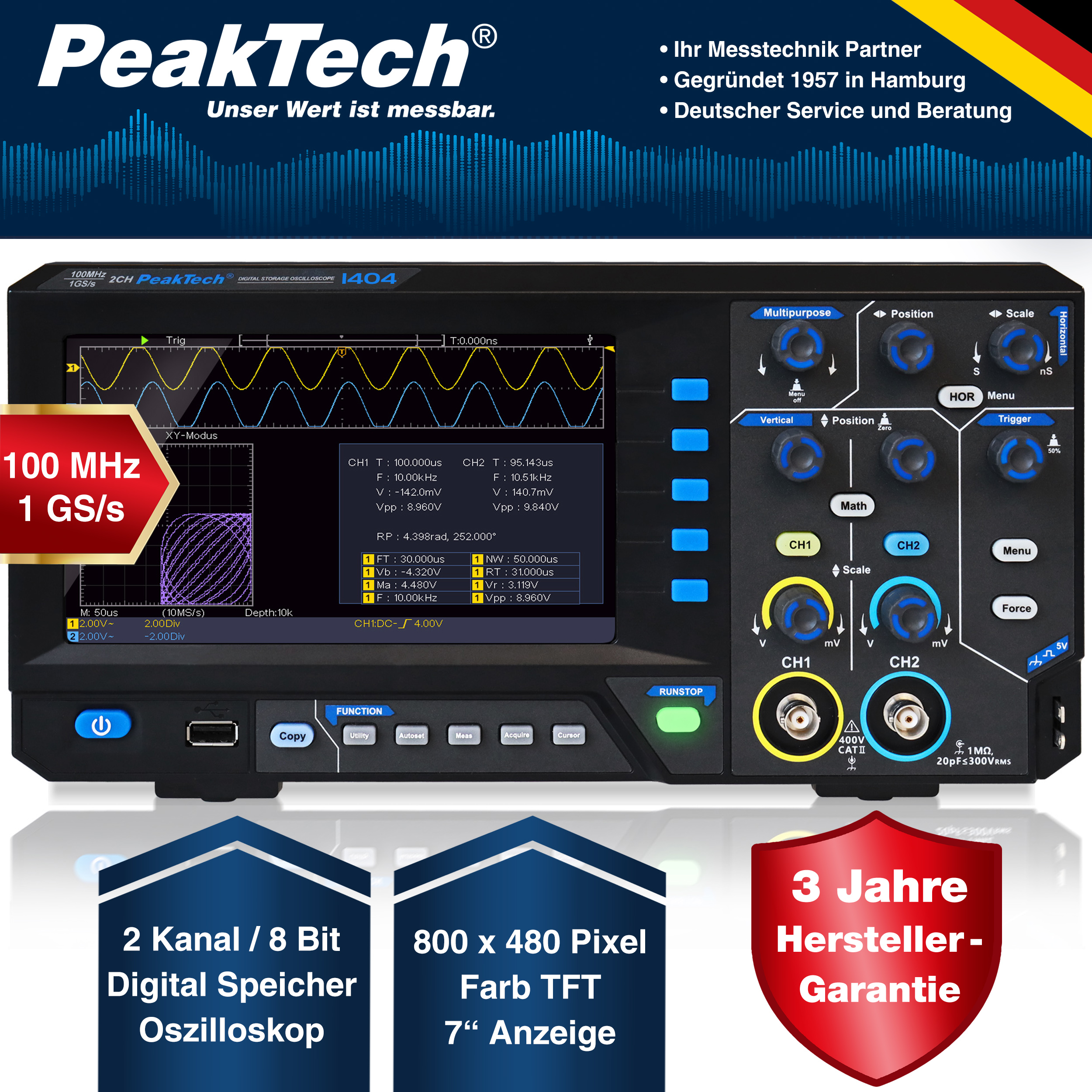 «PeakTech® P 1404» 100MHz / 2 CH, 1 GS/s Digital storage oscilloscope