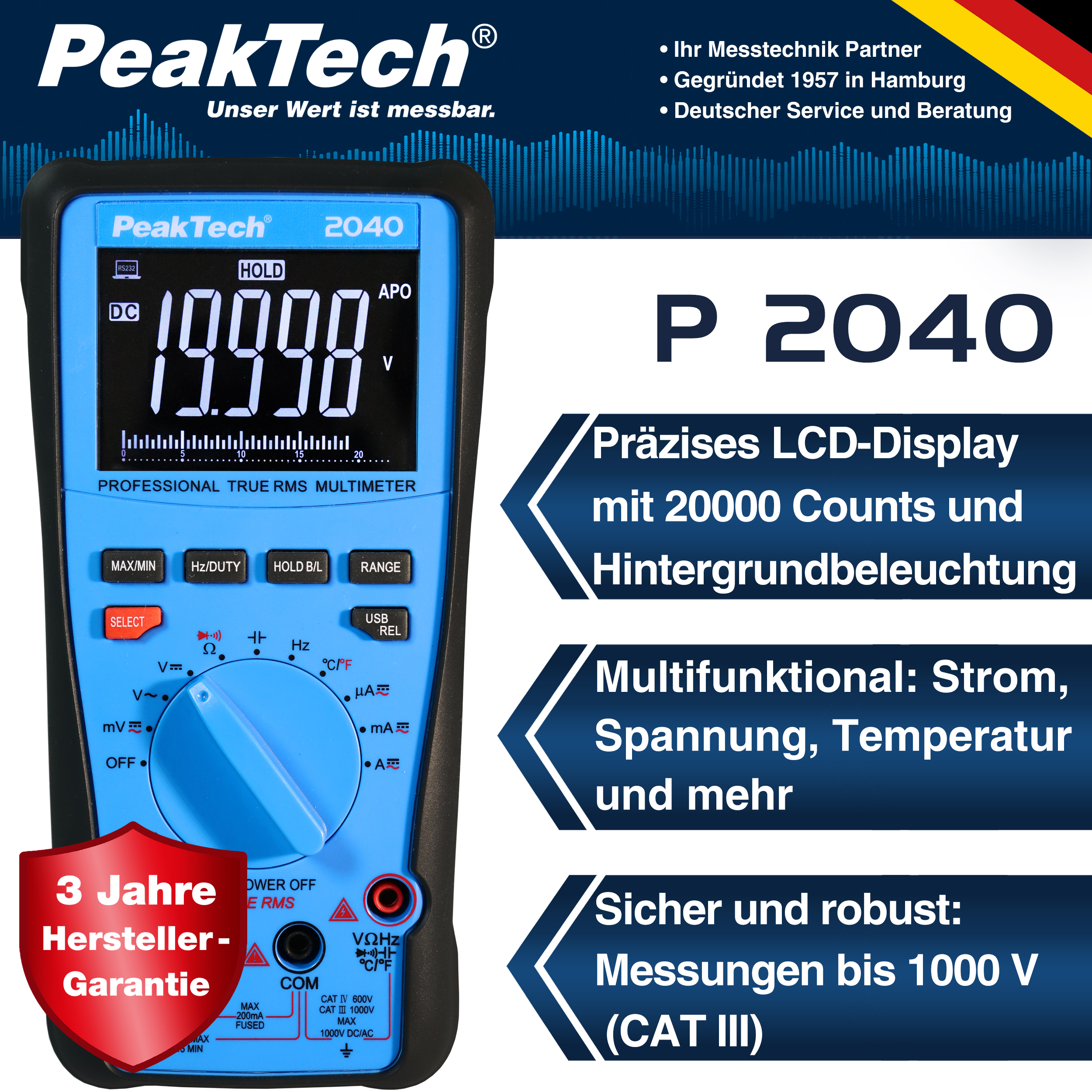 «PeakTech® P 2040» Multimètre TrueRMS 1000V, 20000 compteurs, USB