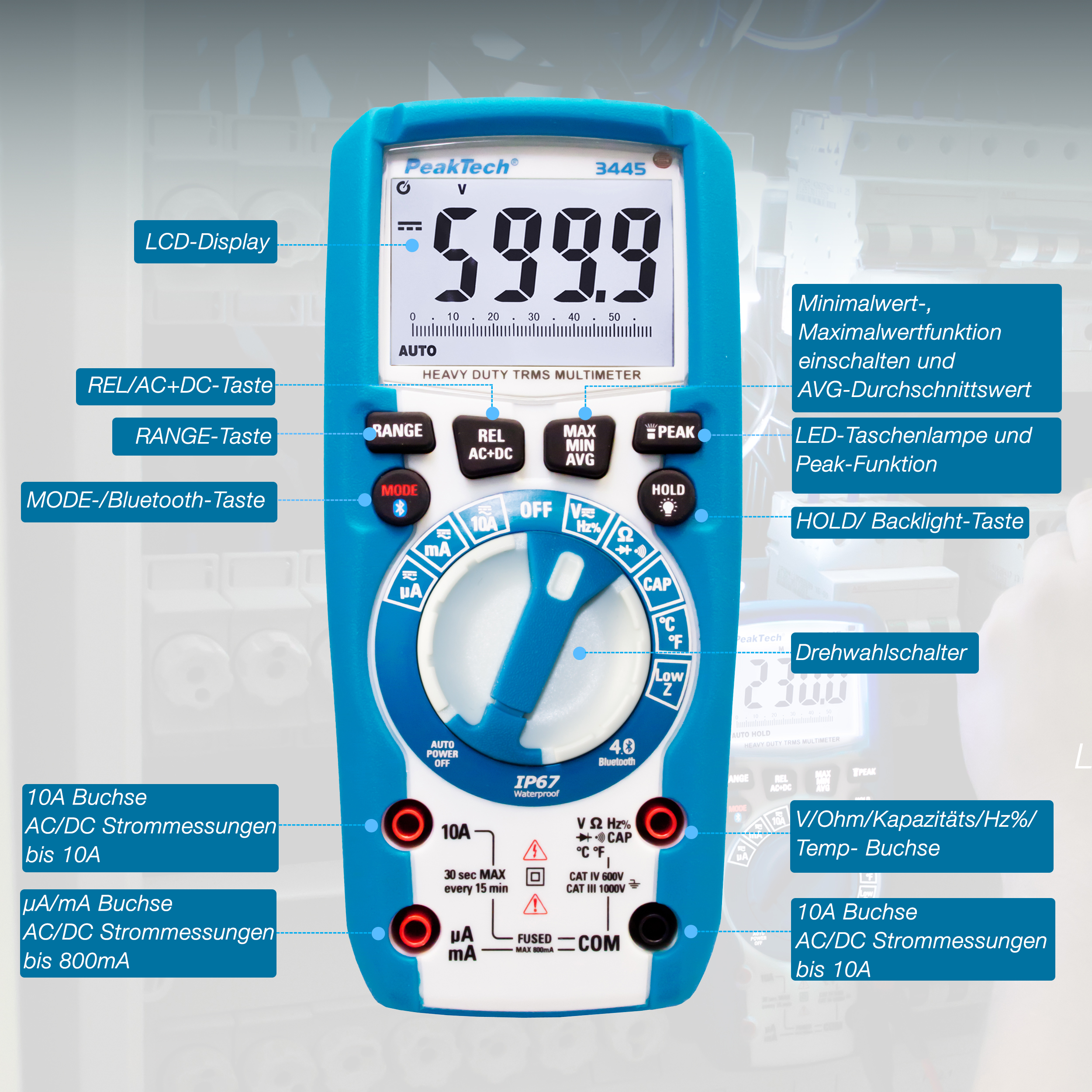 «PeakTech® P 3445» Multímetro Digital 6000 cuentas TRMS, IP67, BT