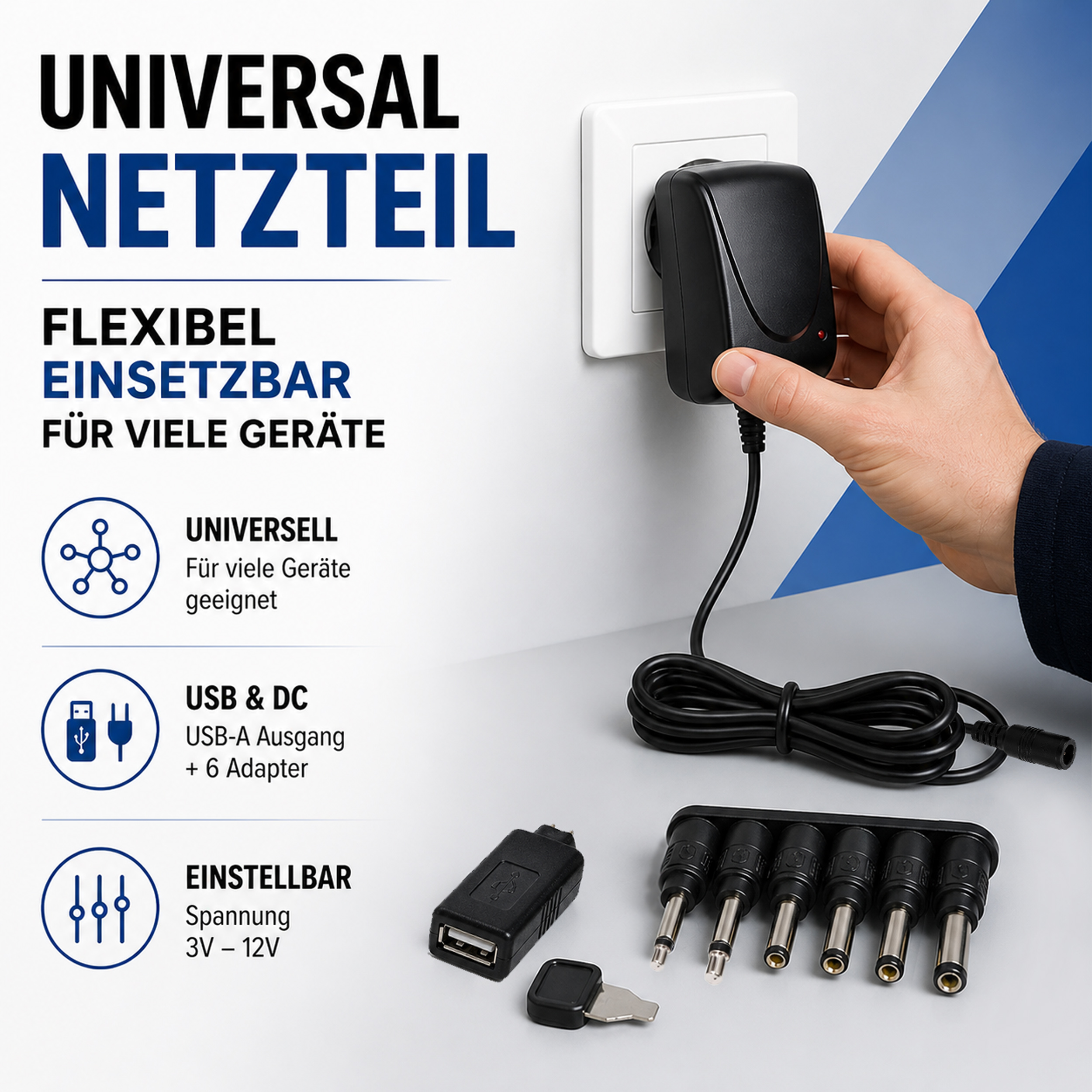 «PeakTech® P 3127 B» Universal-Steckernetzgerät 3 ... 12V DC, 1500mA