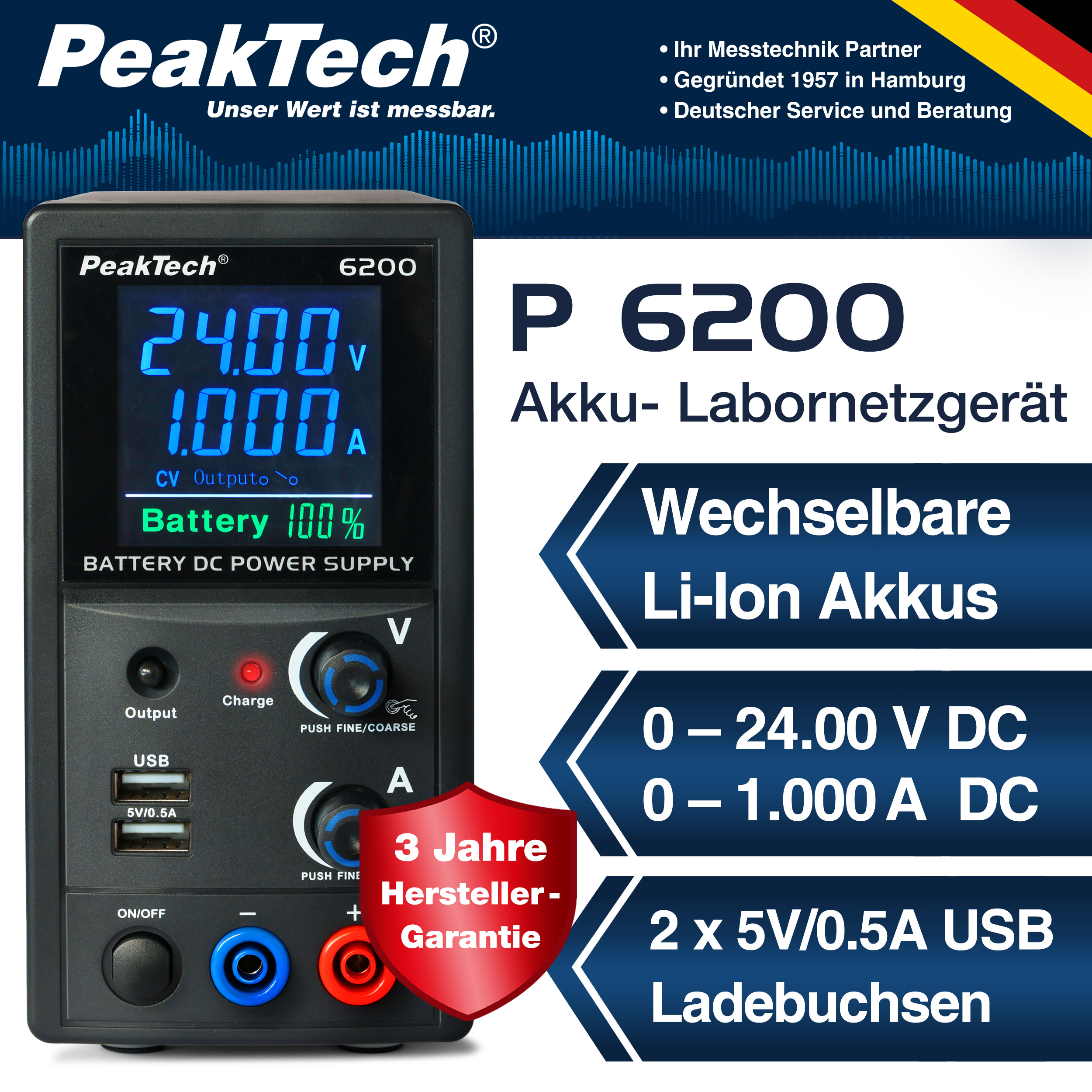 «PeakTech® P 6200» Fuente de alimentación a batería 0...24 V / 0...1 A DC