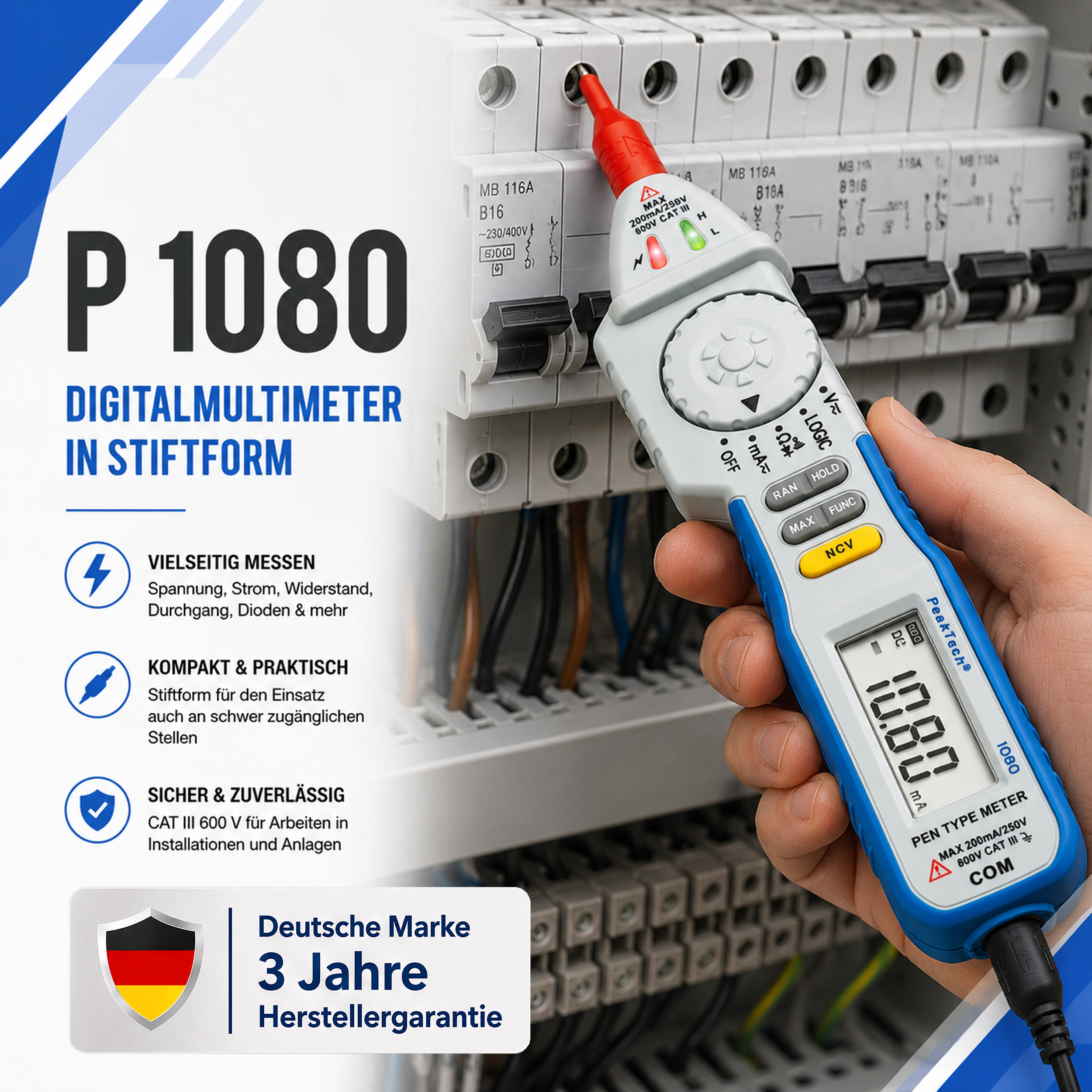 «PeakTech® P 1080» 600V AC / DC pen- type multimeter ~ 2000 digit LCD