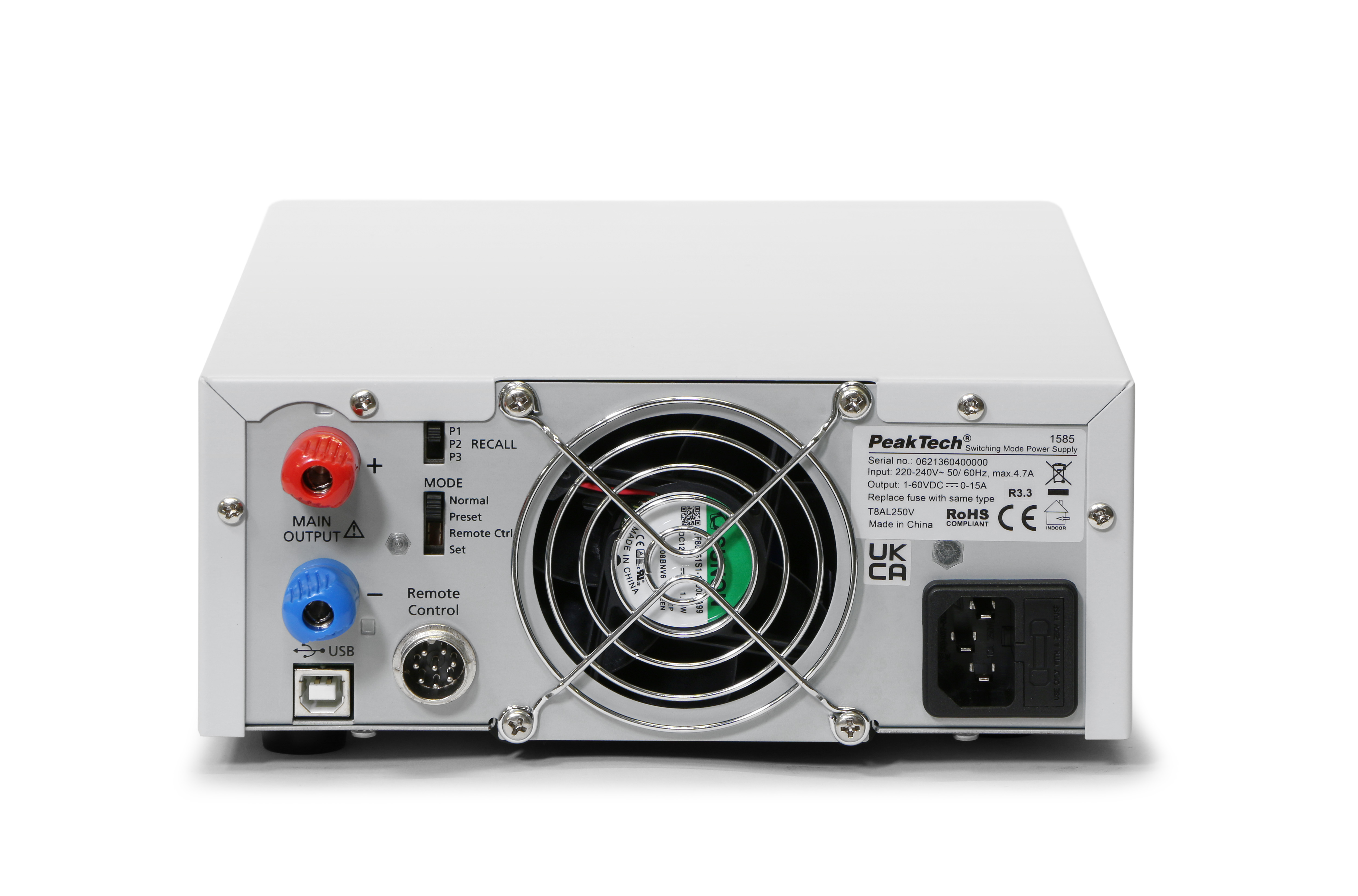 «PeakTech® P 1585» Labor-Schaltnetzteil DC 1 - 60V / 0 - 15A mit USB