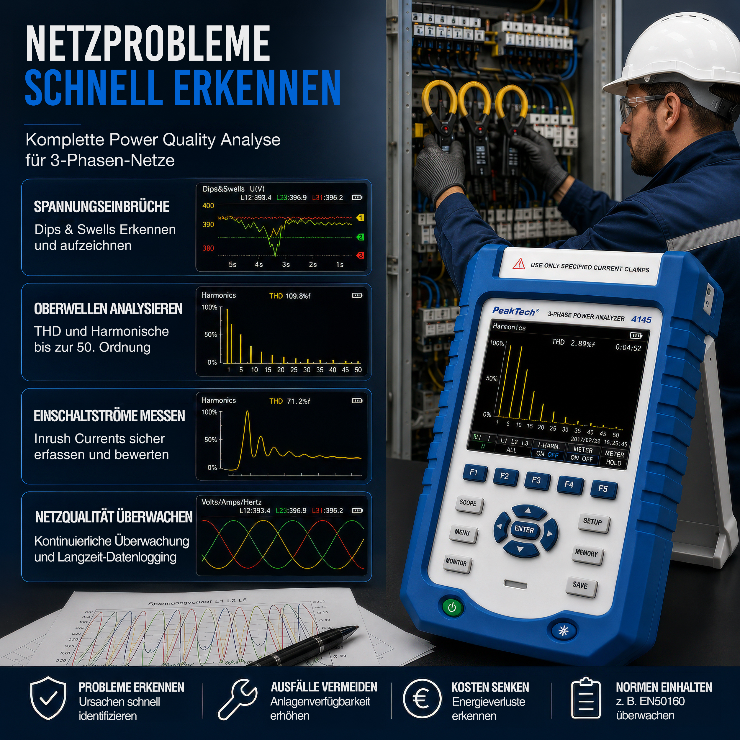 «PeakTech® P 4145» 3 - Phasen Analysator mit Datenlogger
