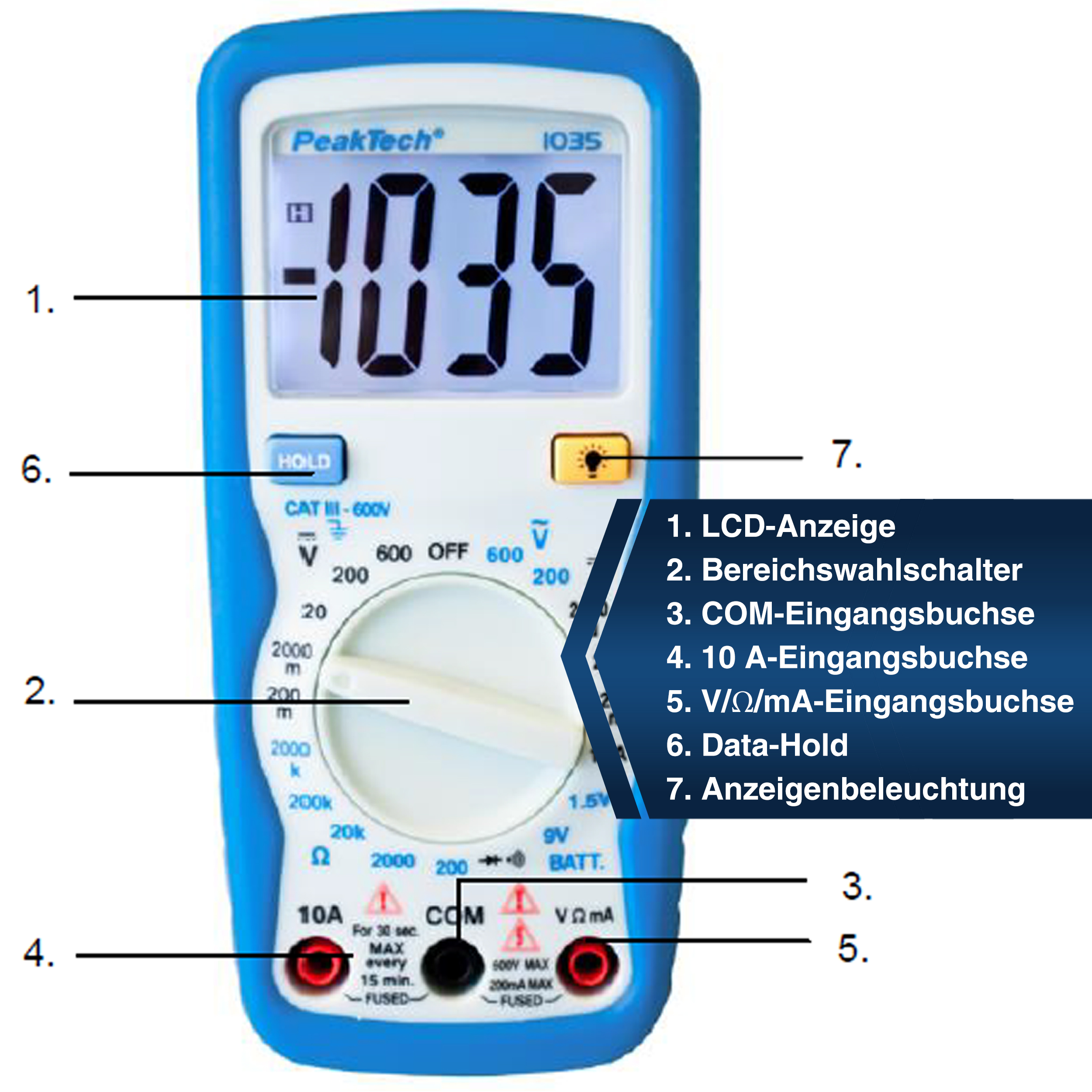 «PeakTech® P 1035» 600V AC/DC Digitalmultimeter ~ 2000 stellige LCD