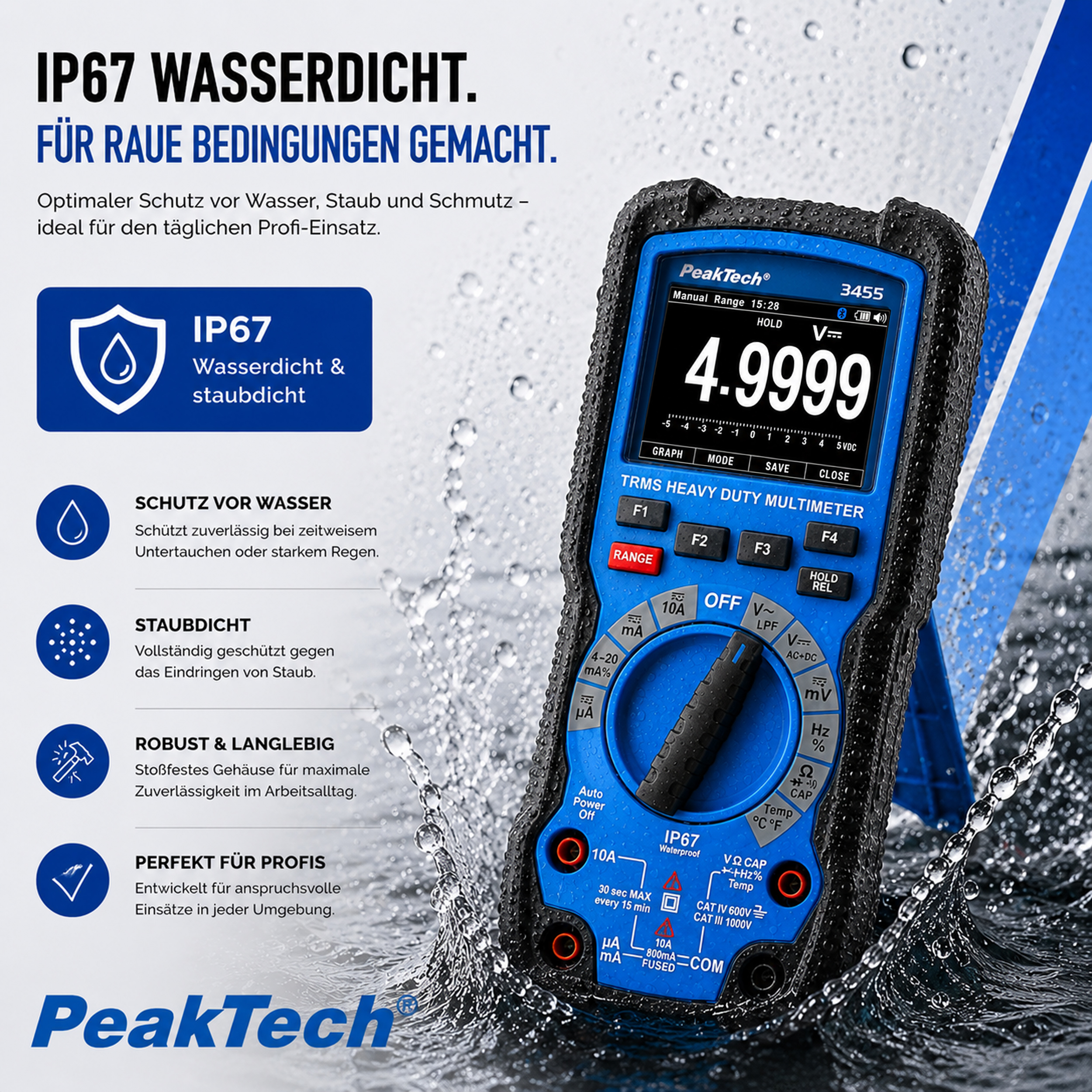 «PeakTech® P 3455»  Multimètre graphique haute performance ~ 50 000 points TFT ~ 1 000 V AC/DC avec True RMS, IP67, Bluetooth