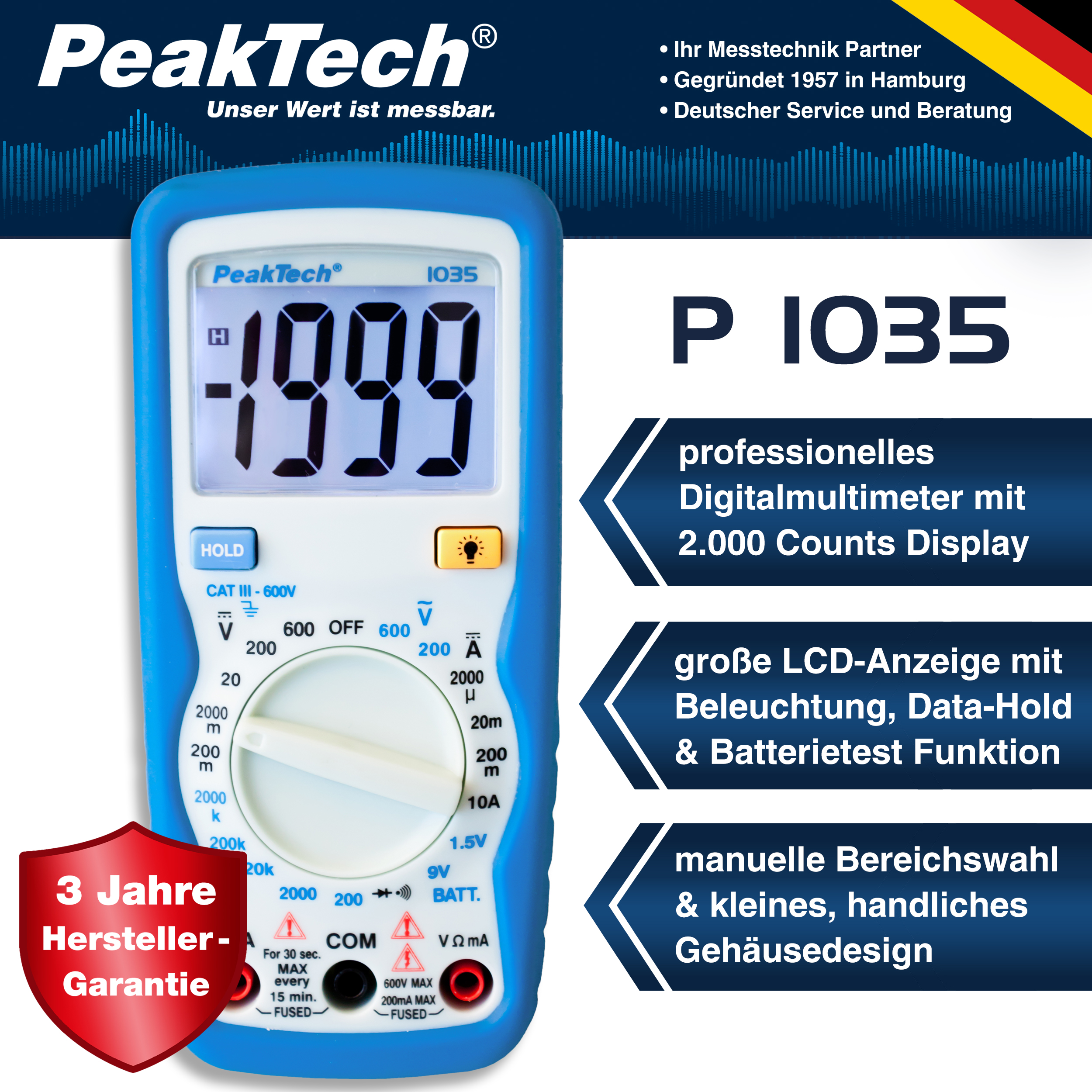 «PeakTech® P 1035» 600V AC/DC Digitalmultimeter ~ 2000 stellige LCD