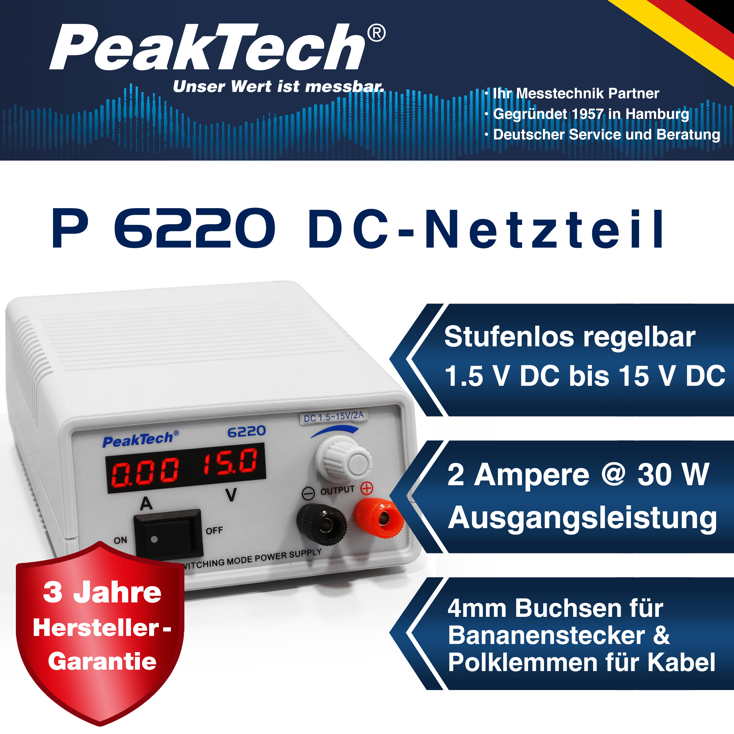 «PeakTech® P 6220» Mini power supply, 1,5 - 15 V / 2 A DC
