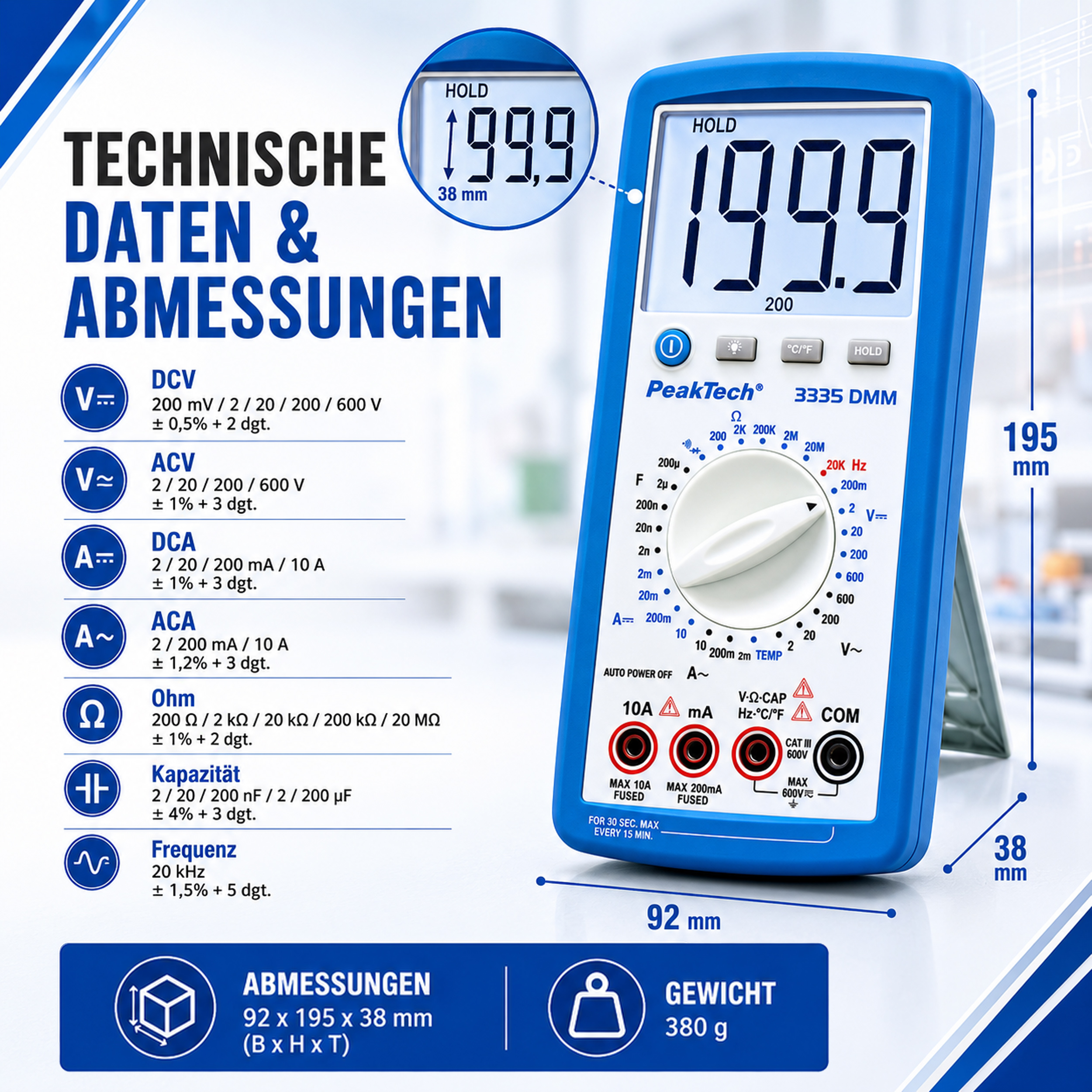 «PeakTech® P 3335» Digital multimeter, 2,000 counts, 600V AC/DC