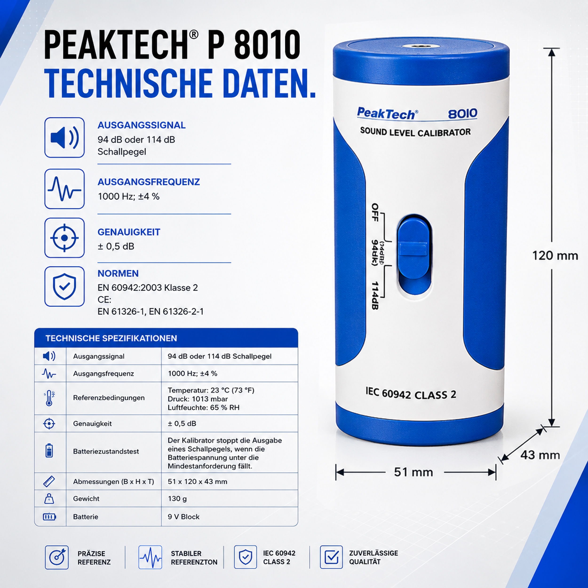 «PeakTech® P 8010» Sound Level Calibrator, 94 dB/114 dB