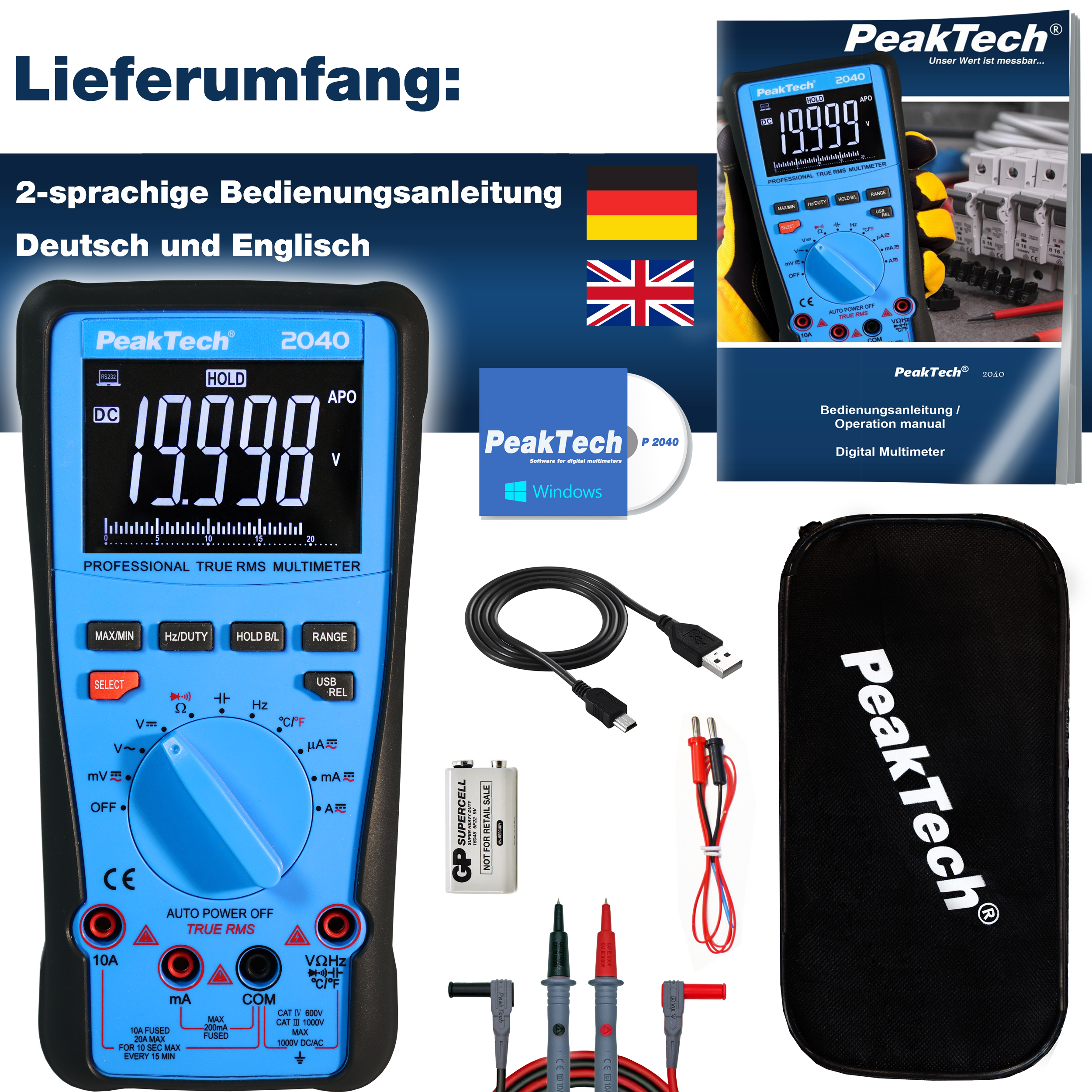 «PeakTech® P 2040» Multimètre TrueRMS 1000V, 20000 compteurs, USB