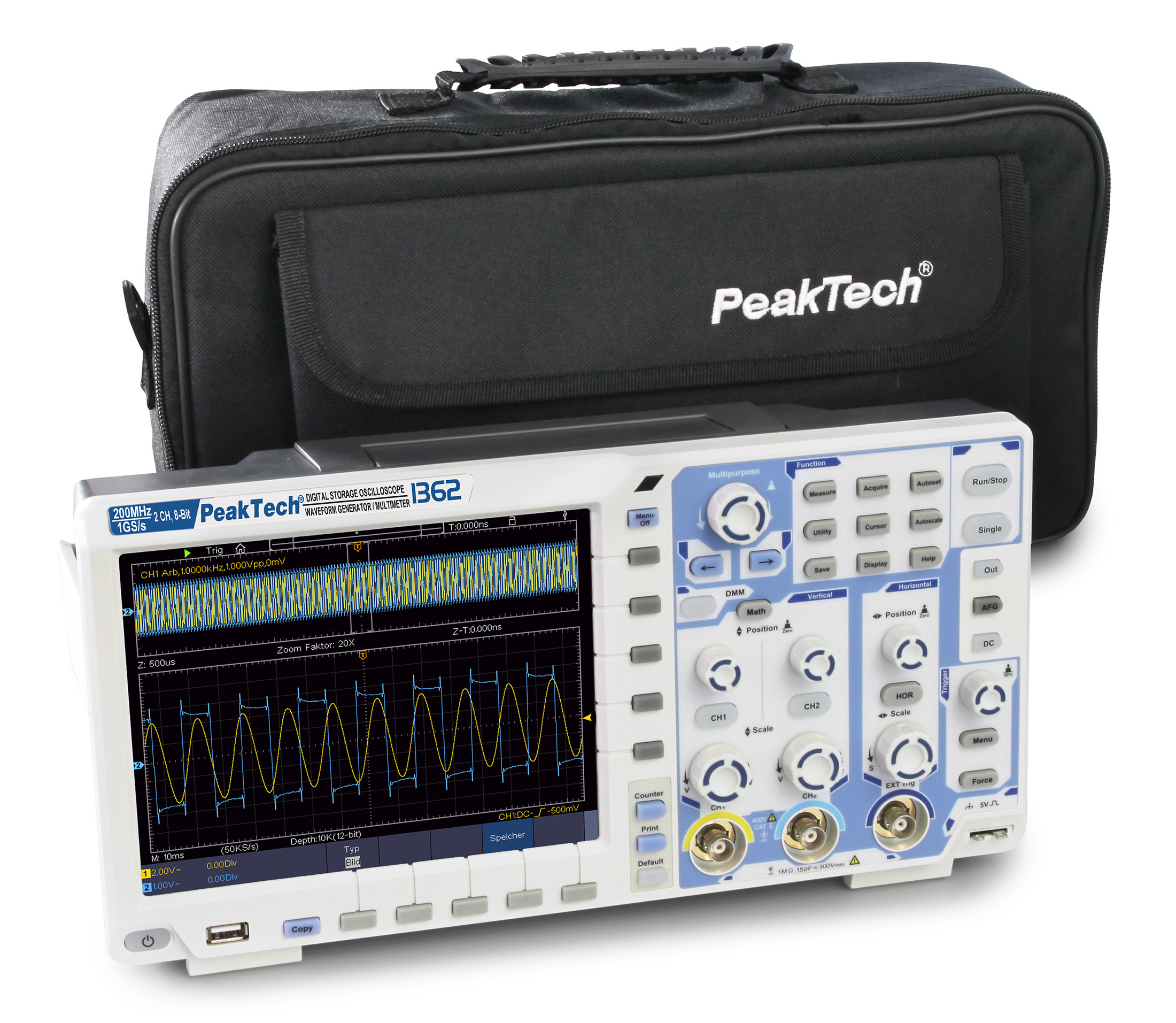 «PeakTech® P 1362» 200 MHz / 2 CH, 2 GS/s touchscreen oscilloscope