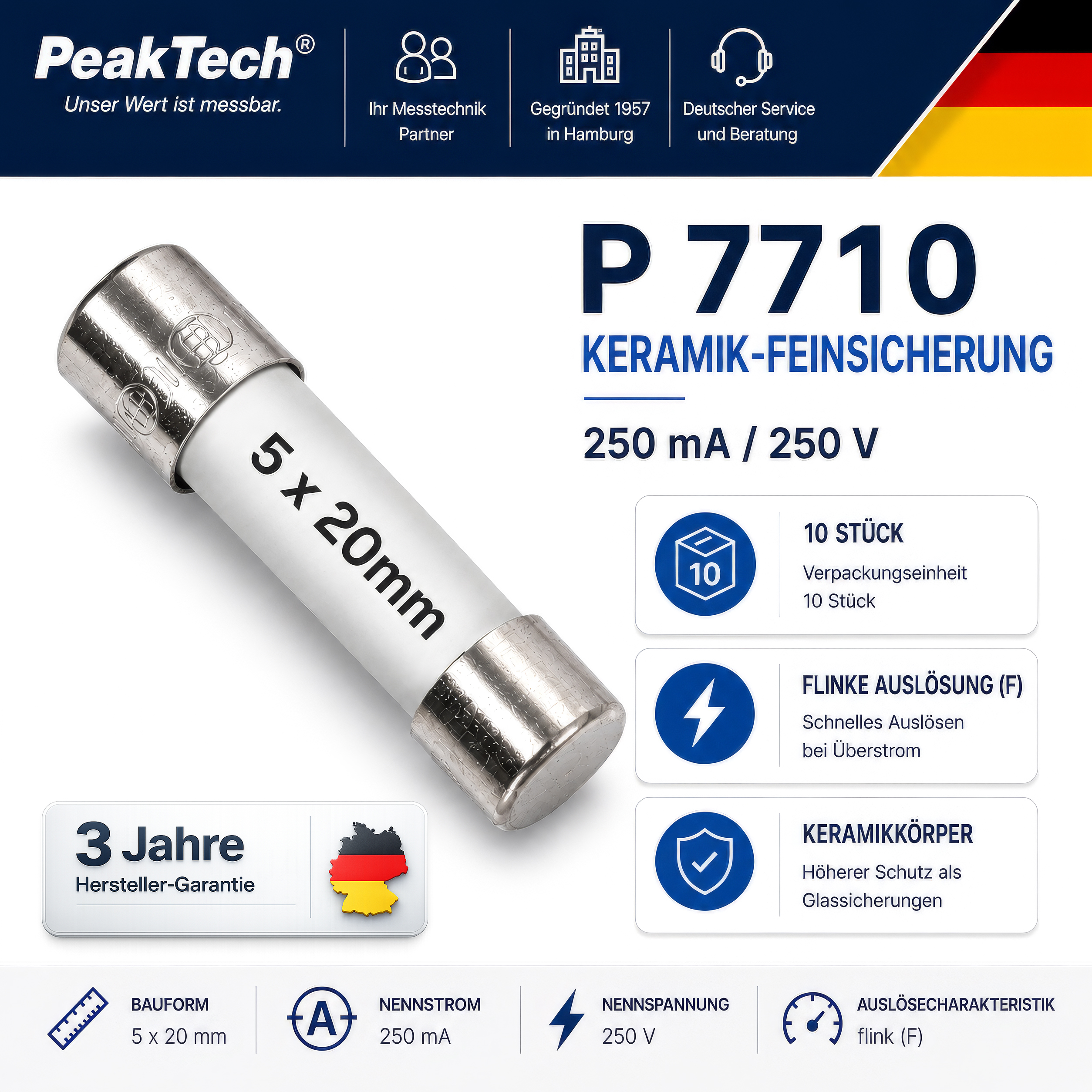 «PeakTech® P 7710» microfuse ~ 250 mA / 250 V ~ 5 x 20 mm ~ fast-acting (F)
