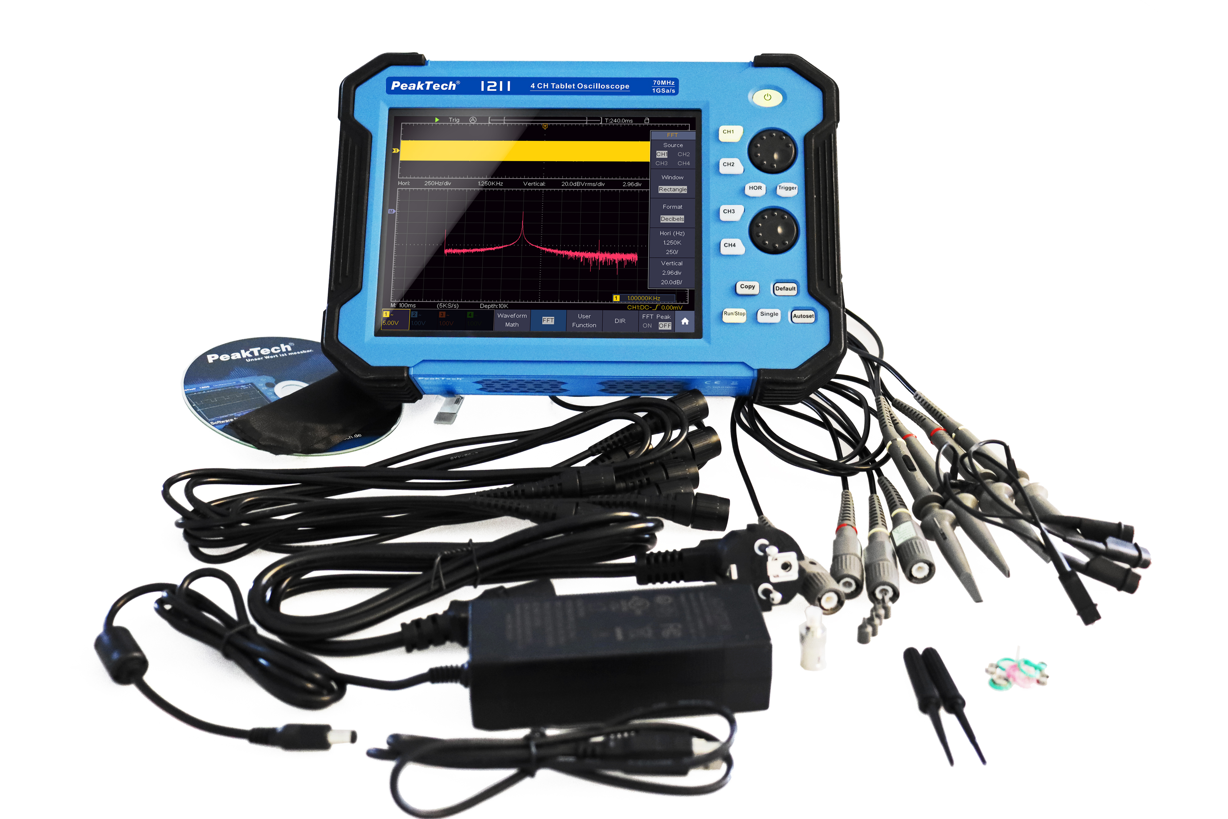 «PeakTech® P 1211» Oscilloscope à tablette 70 MHz / 4 CH, 1 GS/s