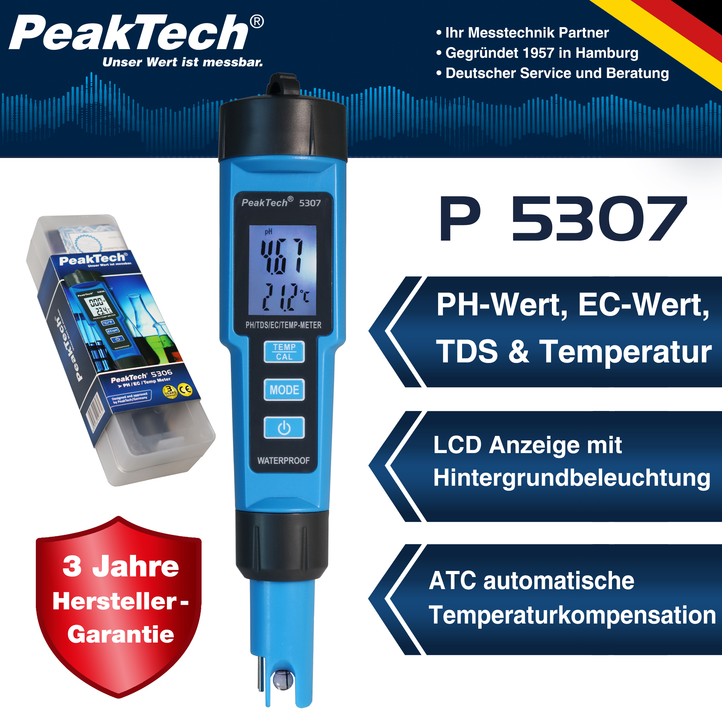 «PeakTech® P 5307» 4 in 1 PH-Meter for PH/EC/TDS/TEMP