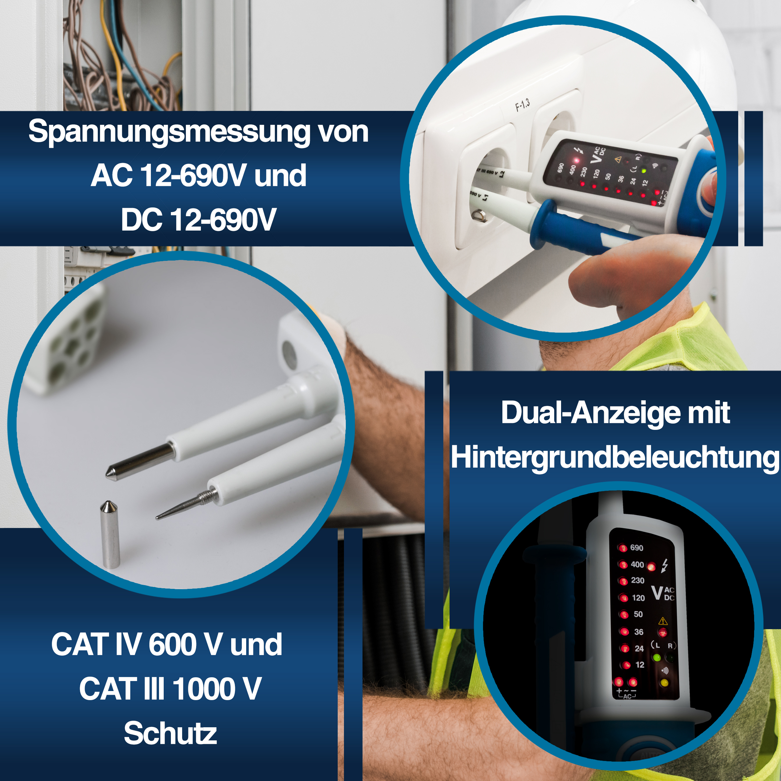 «PeakTech® P 1095» Tester di tensione AC/DC con display a LED