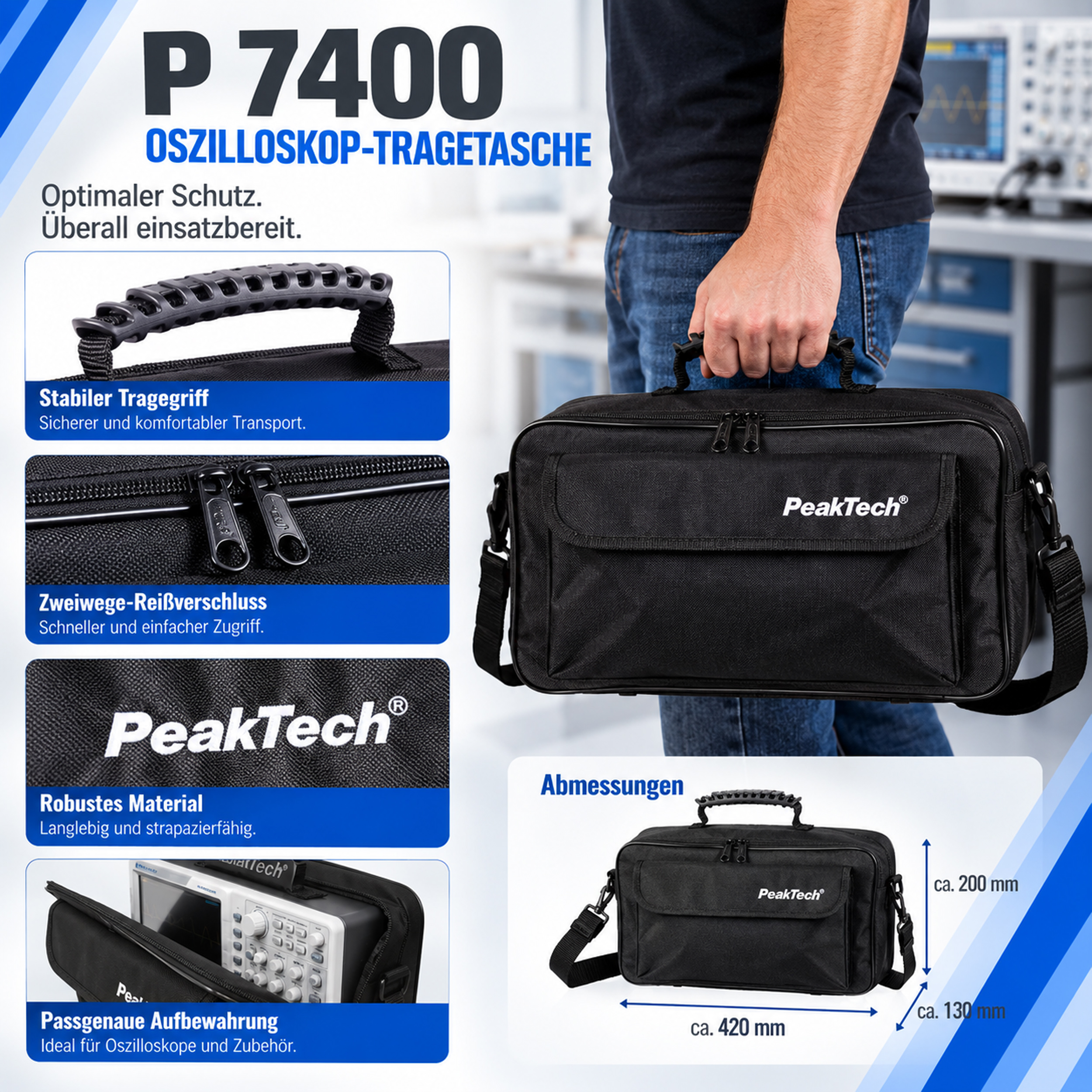 «PeakTech® P 7400» Carrying case for oscilloscopes and instruments 380x210x140 mm
