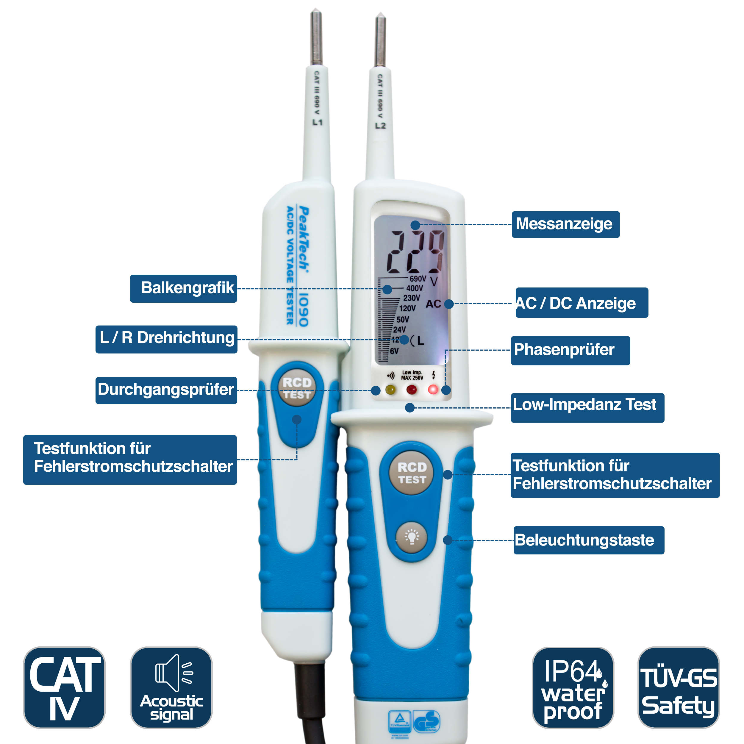 «PeakTech® P 1090» Medidor de Voltaje AC/DC, test RCD, display LCD