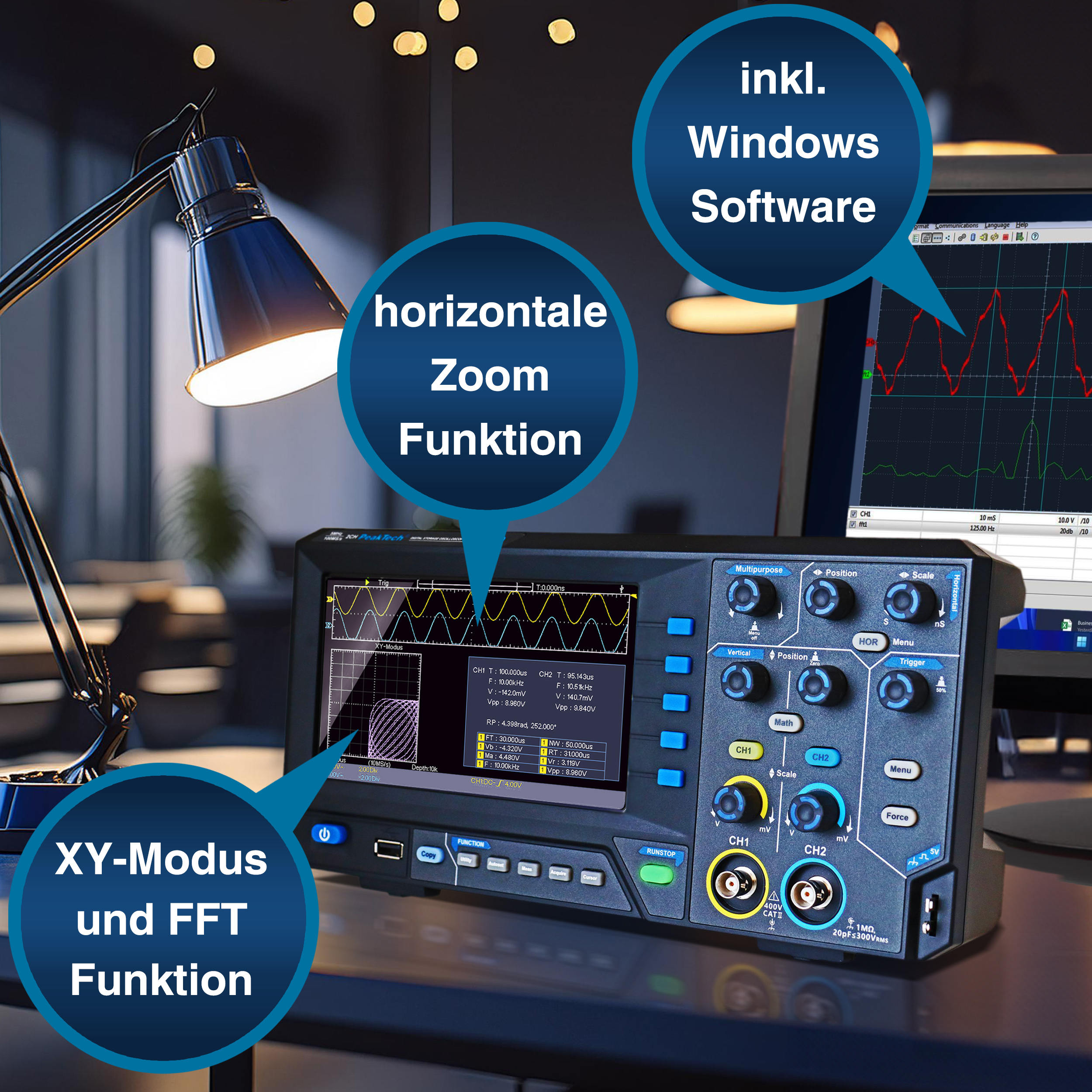 «PeakTech® P 1402» 20 MHz / 2CH, 250MS/s Digital storage oscilloscope