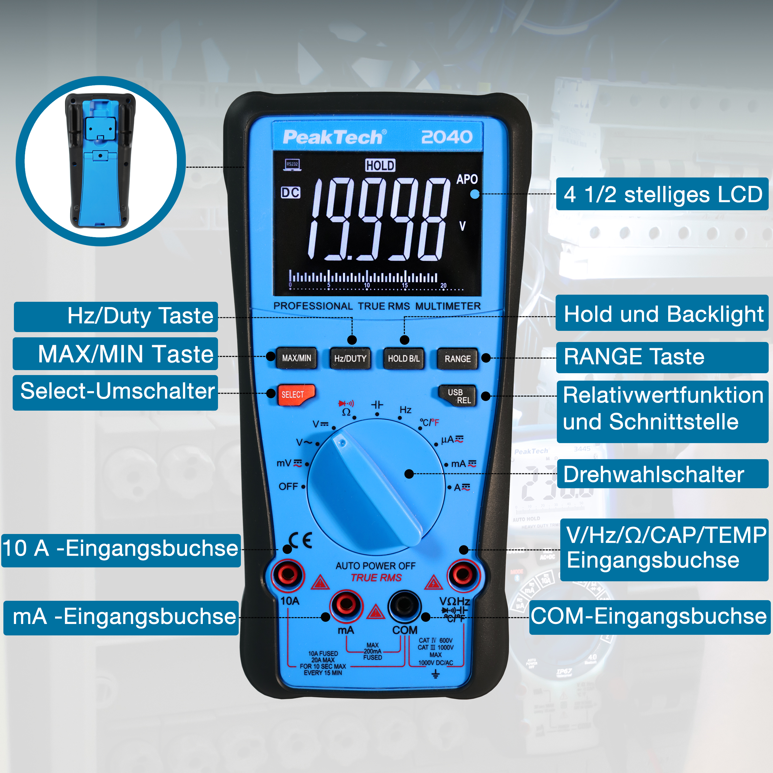 «PeakTech® P 2040» Multimètre TrueRMS 1000V, 20000 compteurs, USB