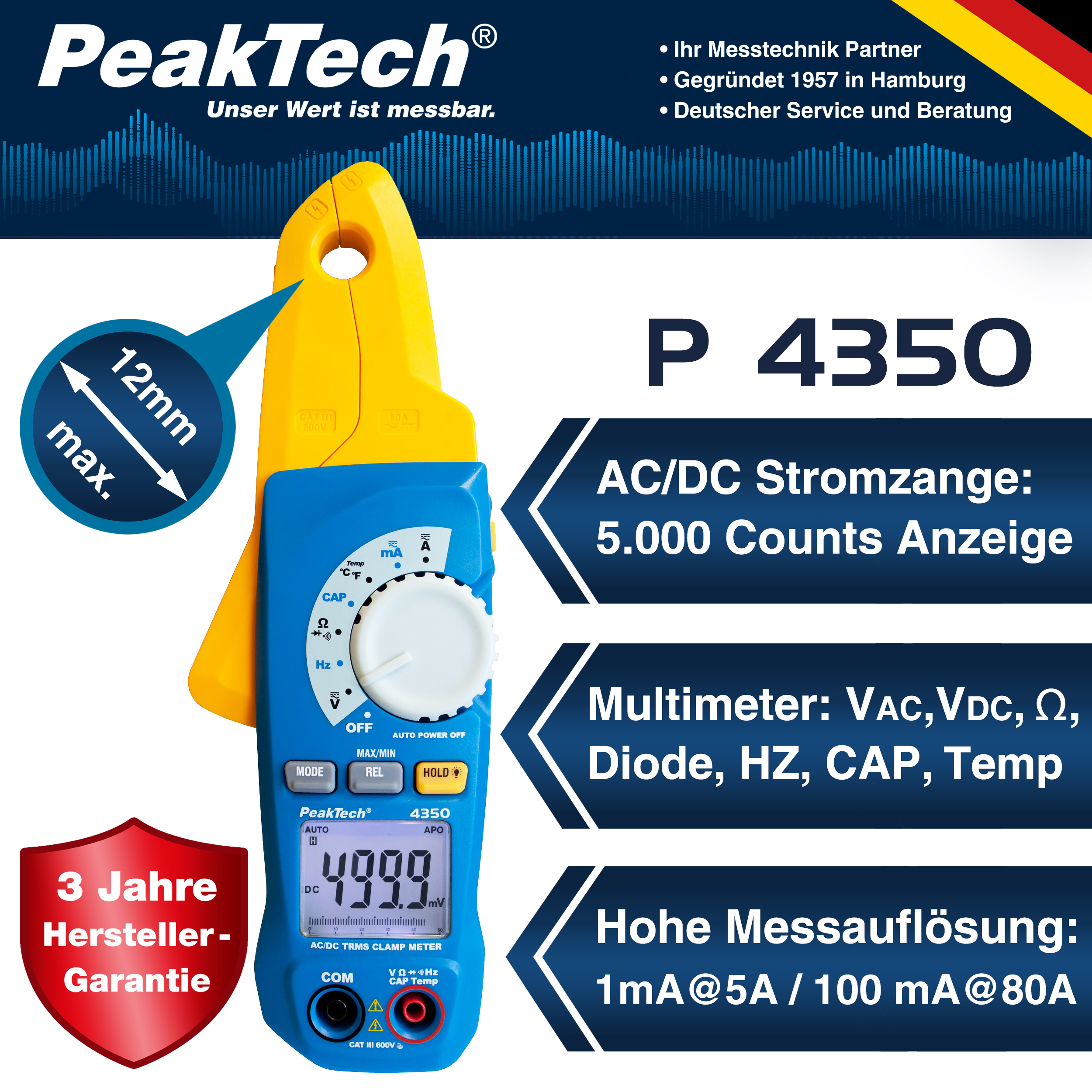 «PeakTech® P 4350» Pince ampèremétrique TRMS 4.000 comptages