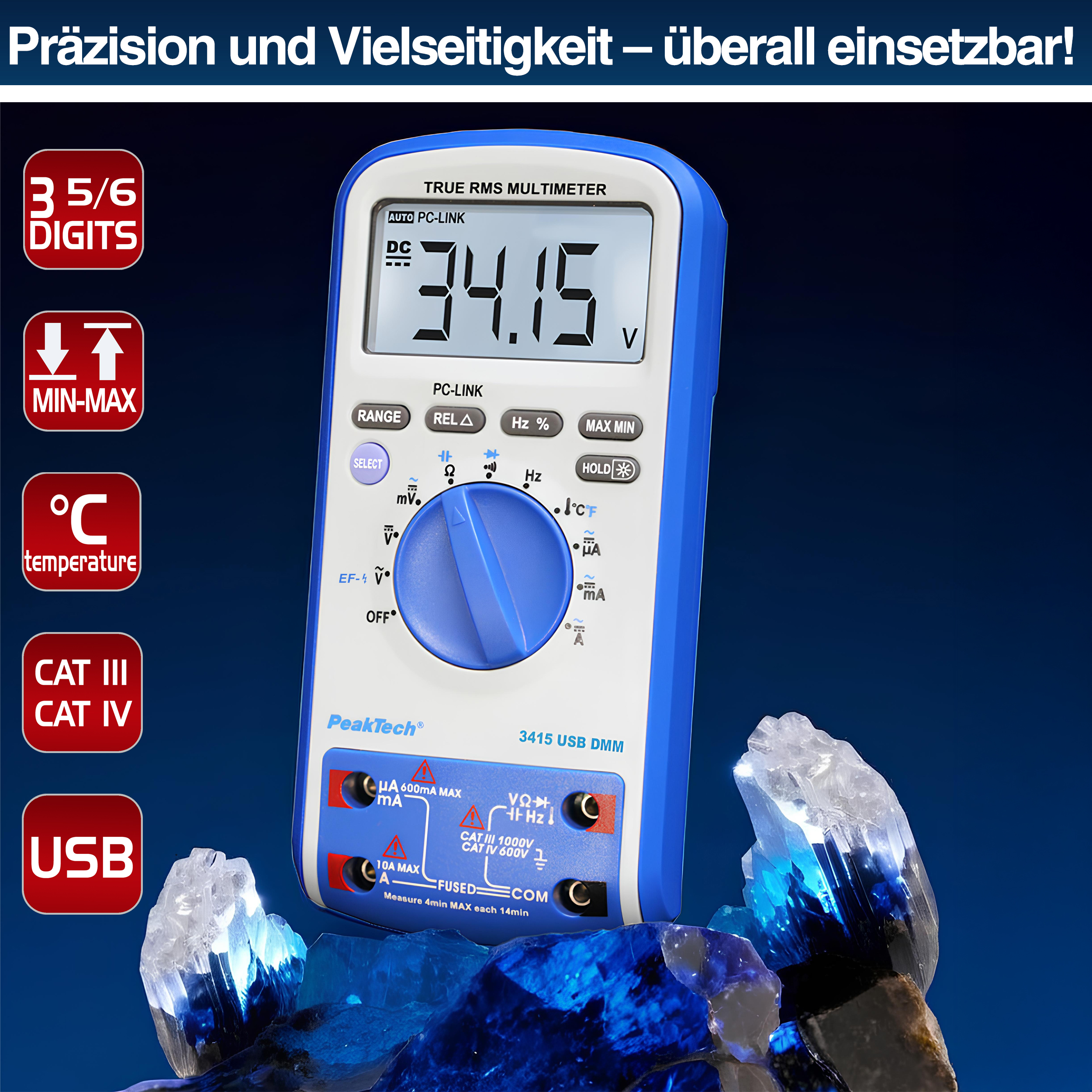 «PeakTech® P 3415» Digital multimeter, 6,000 counts, TrueRMS & USB