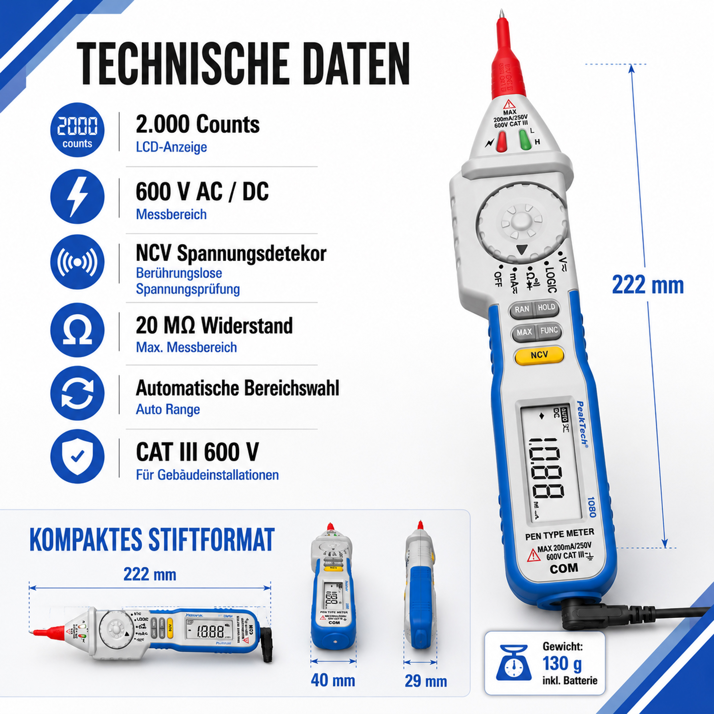 «PeakTech® P 1080» 600V AC / DC pen- type multimeter ~ 2000 digit LCD