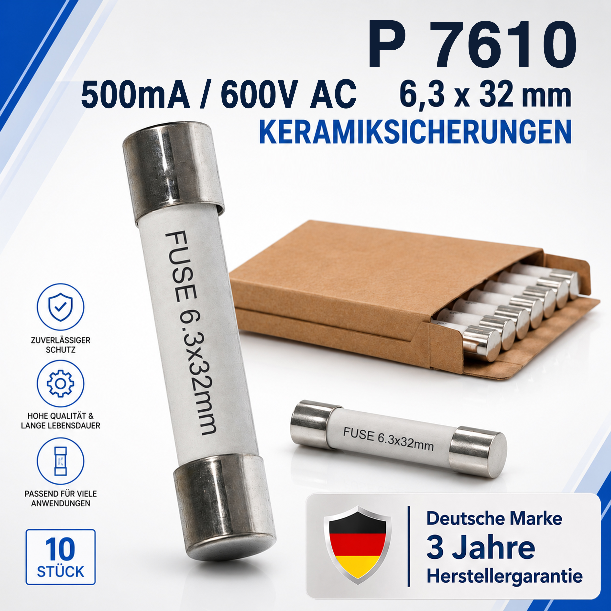Microfusibile "PeakTech® P 7610" ~ 0,5 A / 600 V ~ 6,3 x 32 mm ~ super rapido (FF)