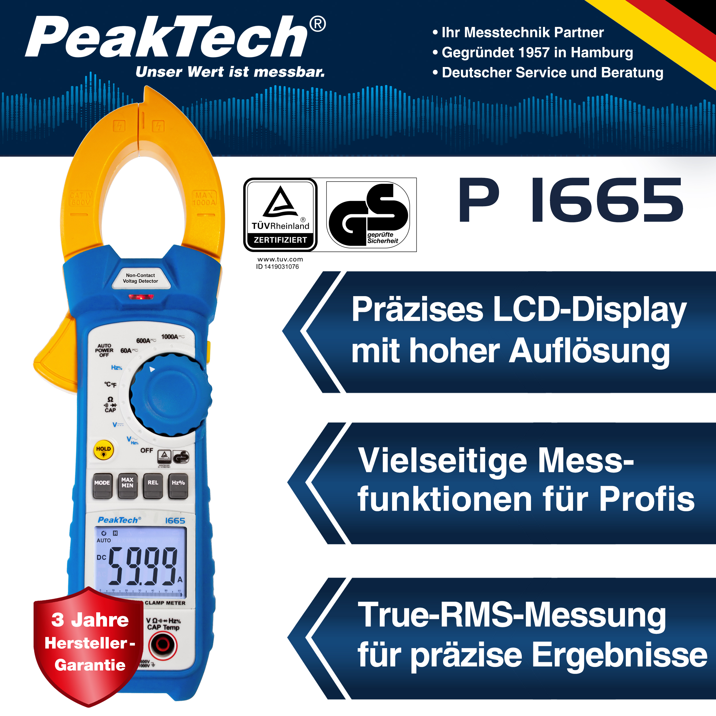«PeakTech® P 1665» TrueRMS current clamp 6,000 counts 1000 A AC/DC