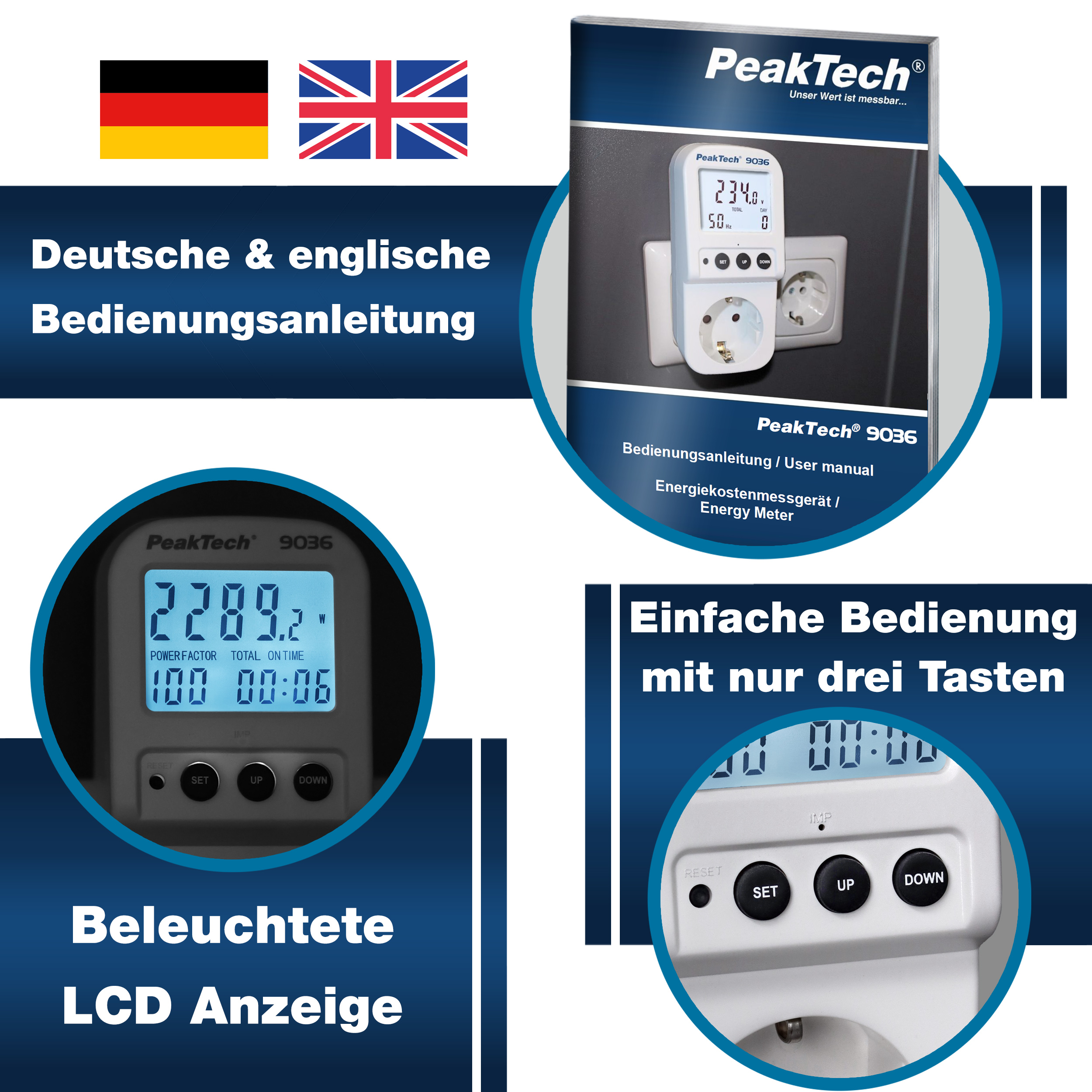 «PeakTech® P 9036» Energy meter 0.1 W with illuminated display