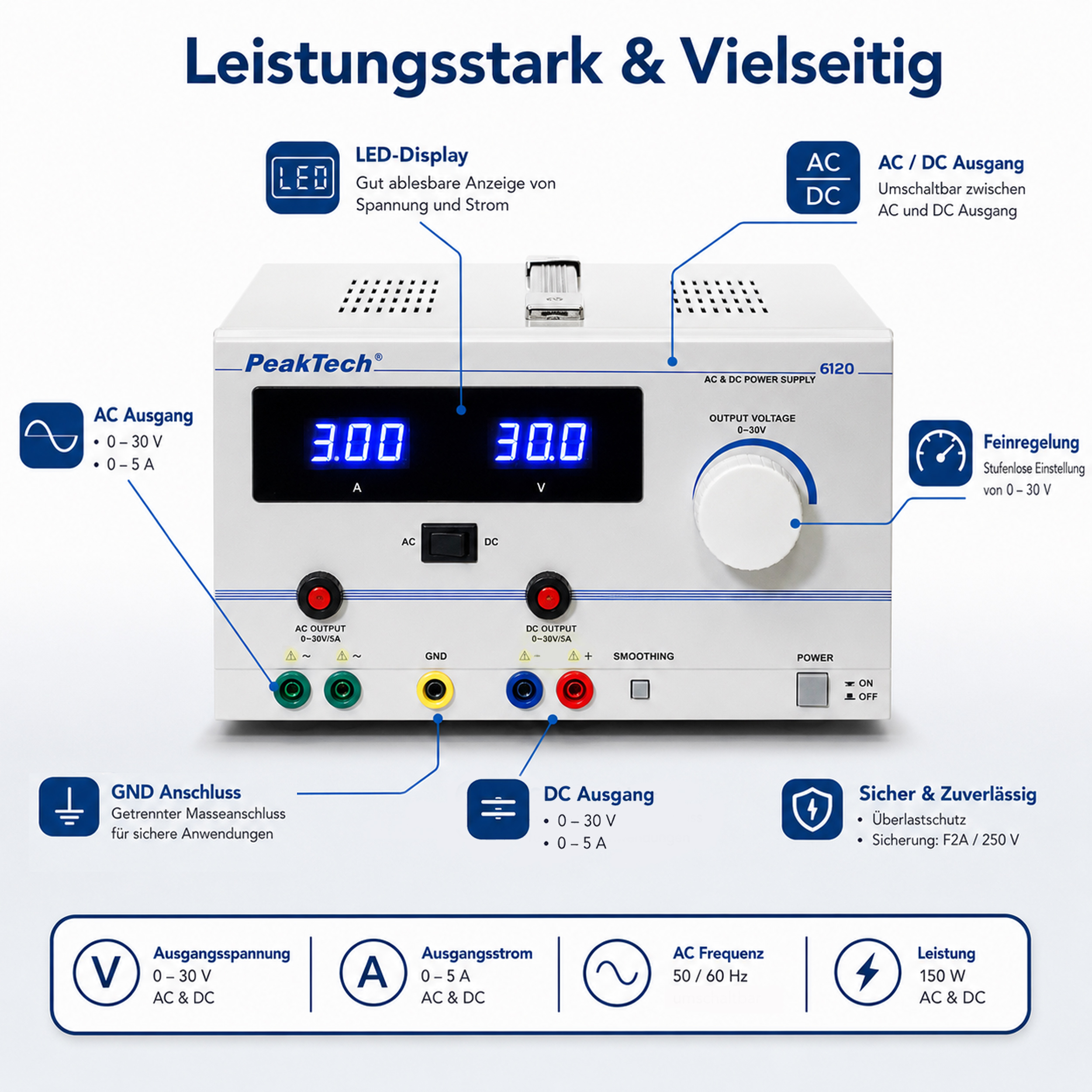 «PeakTech® P 6120» AC/DC Labornetzgerät 0 - 30 V/5 A