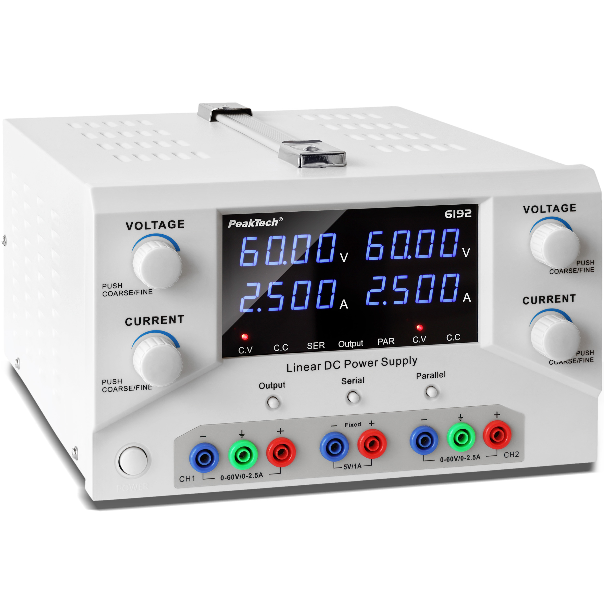 «PeakTech® P 6192» Digital Labornetzgerät 2x 0-60 V / 0-2,5 A DC & USB