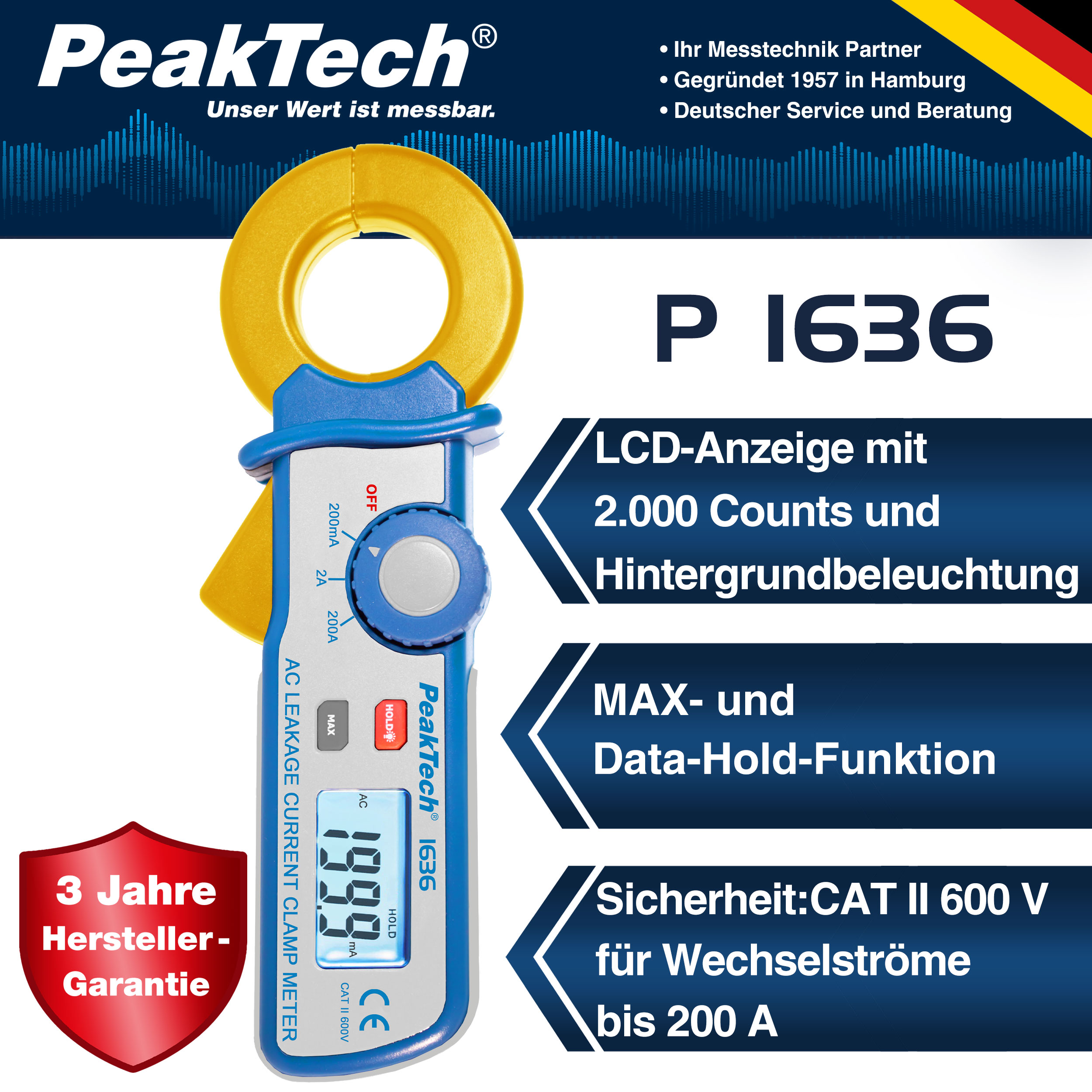 «PeakTech® P 1636» Zacisk prądu upływu o rozdzielczości 100 µA