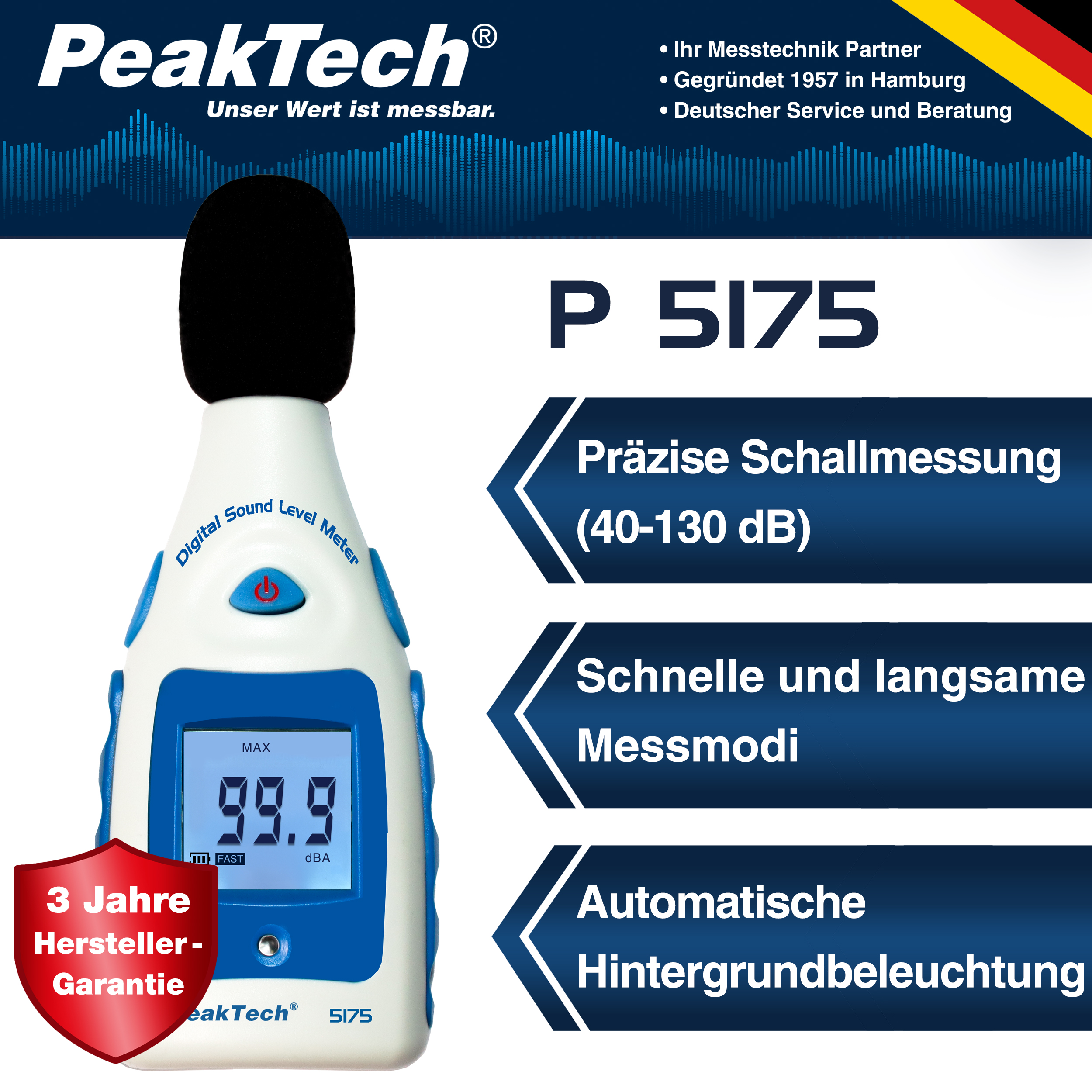 «PeakTech® P 5175» Miernik poziomu dźwięku, 40...130 dBA