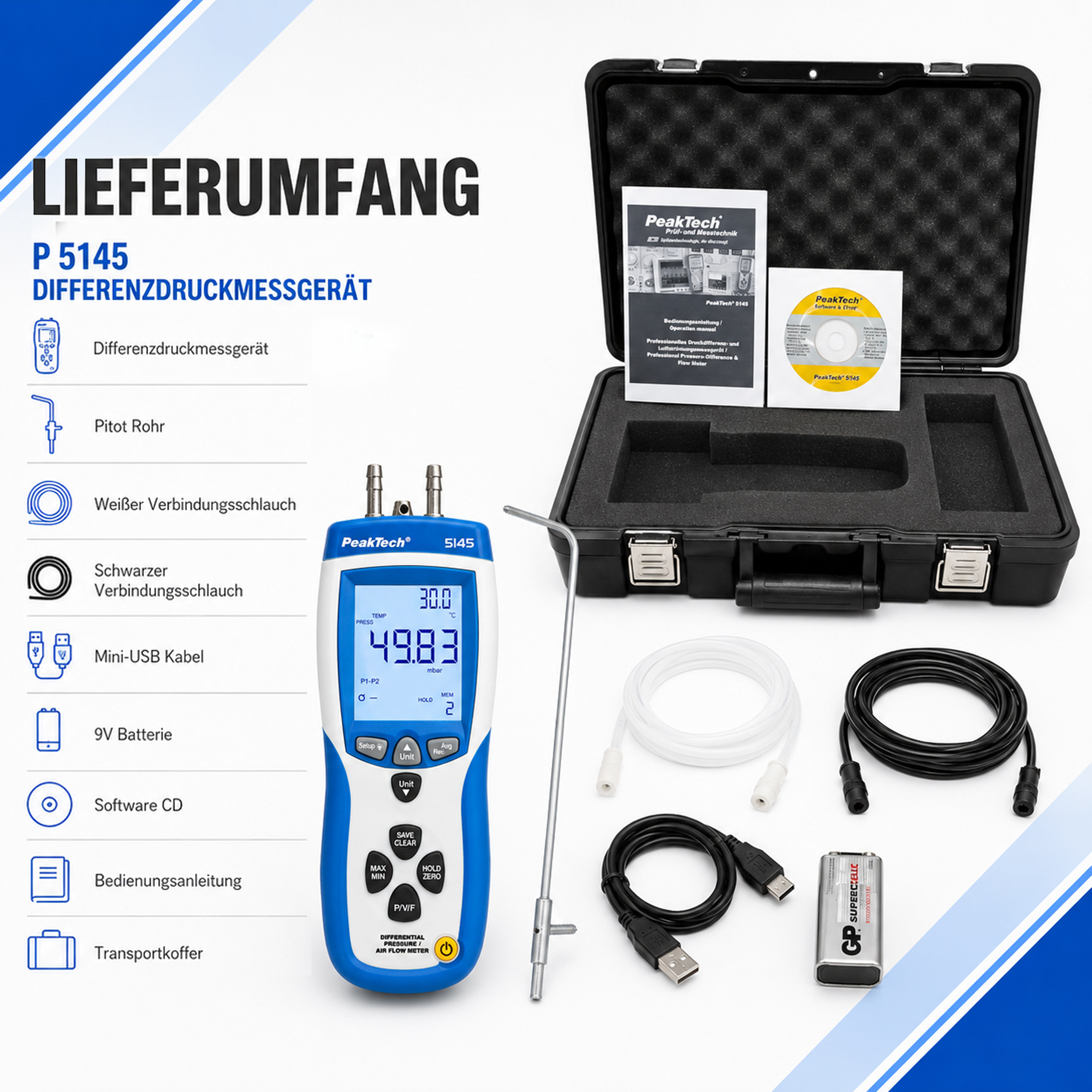 «PeakTech® P 5145» Professional Pressure-Difference & Air Flow Meter