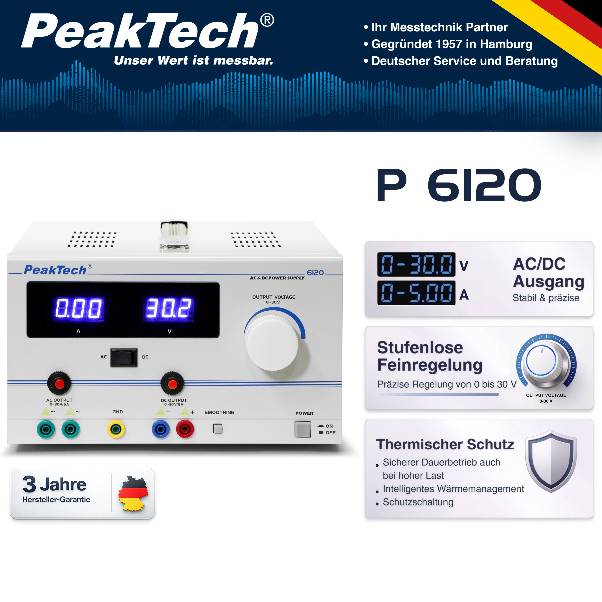 «PeakTech® P 6120» AC/DC Labornetzgerät 0 - 30 V/5 A