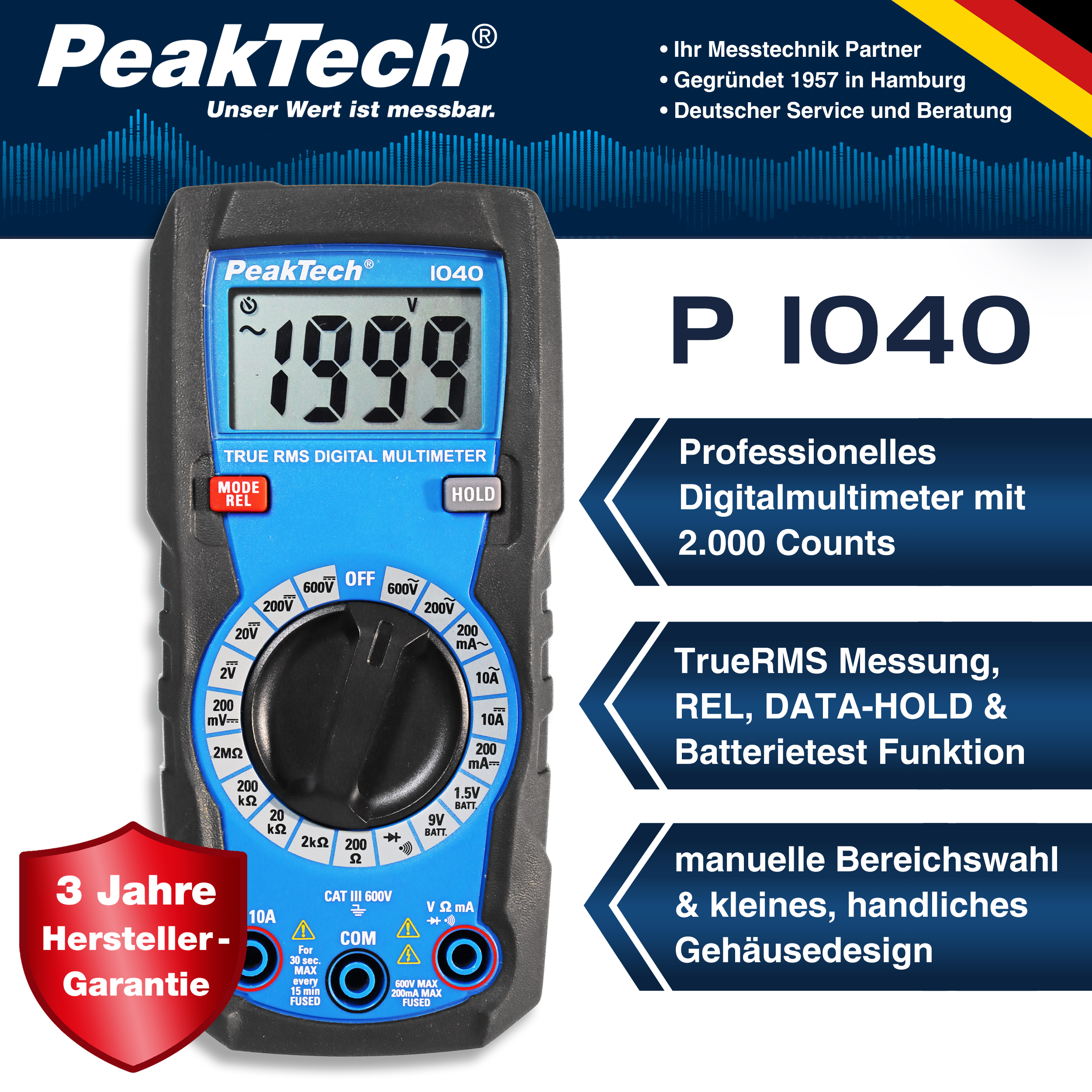 «PeakTech® P 1040» Multimetr cyfrowy TrueRMS 2000 zliczeń