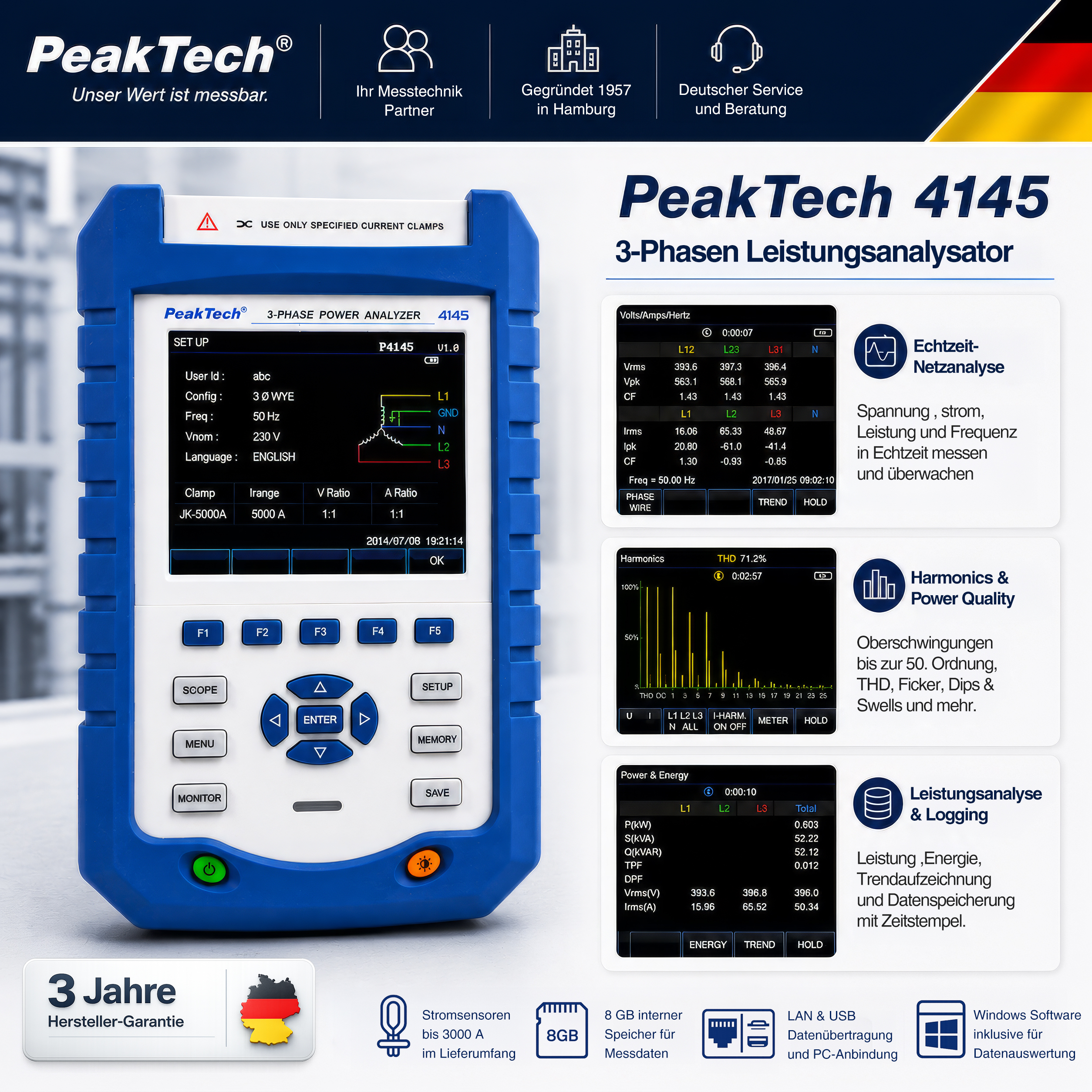 «PeakTech® P 4145» 3 - Phasen Analysator mit Datenlogger