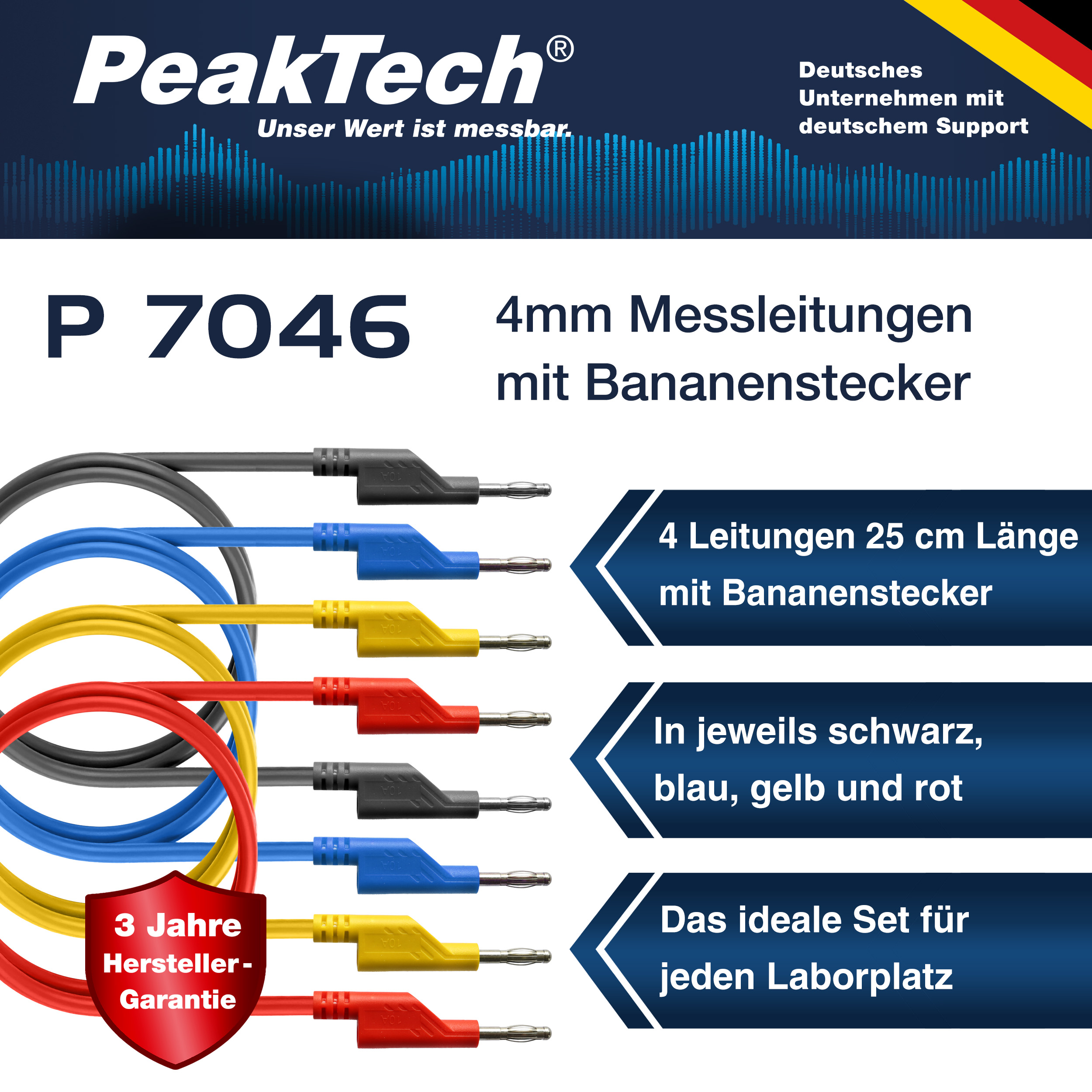 «PeakTech® P 7046» Set of 4 Test Leads (25cm) for Laboratory Power Supplies