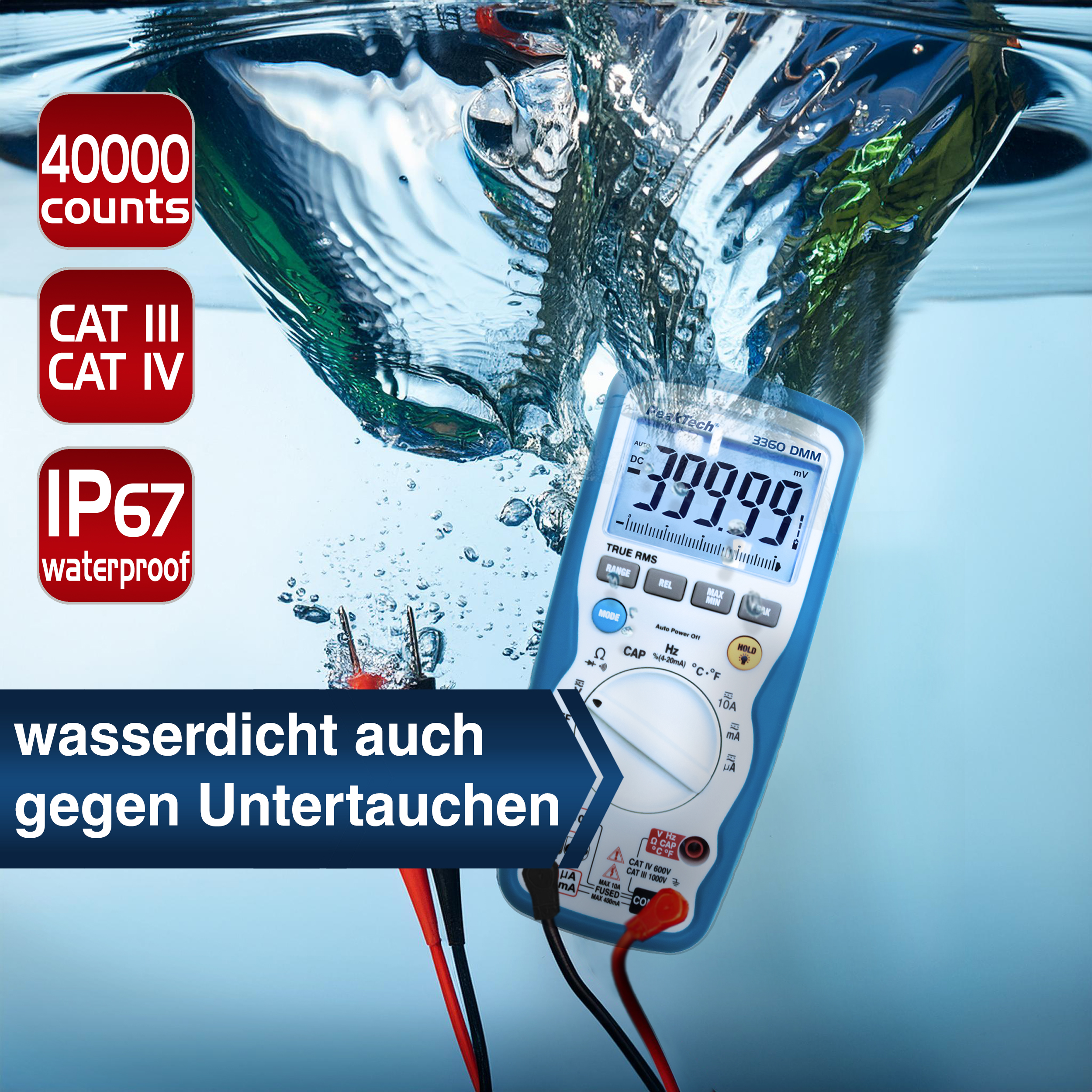 «PeakTech® P 3360» Digital multimeter, 40,000 counts, IP67 & TrueRMS