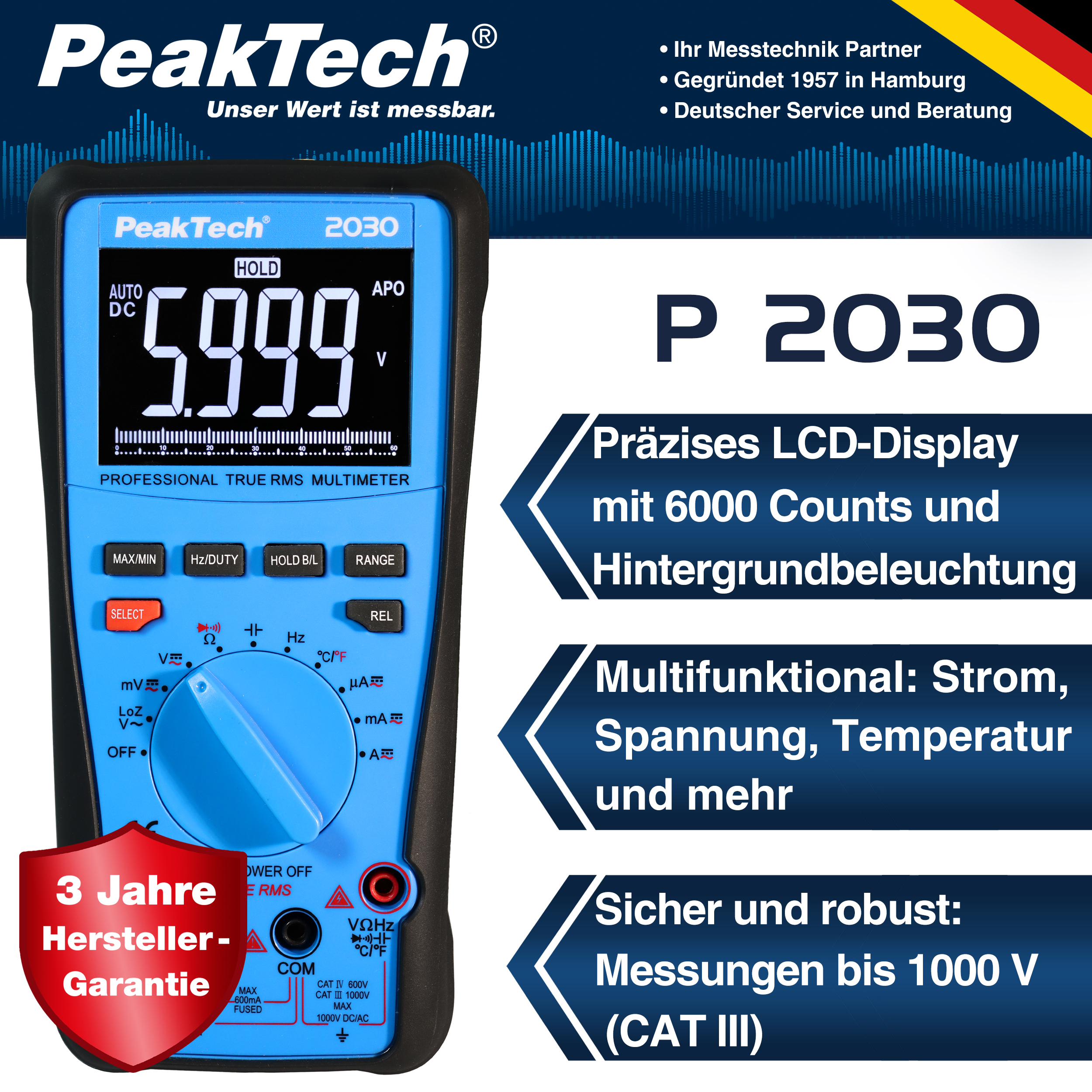 «PeakTech® P 2030» True RMS 1000V Digital Multimeter 6000 Counts