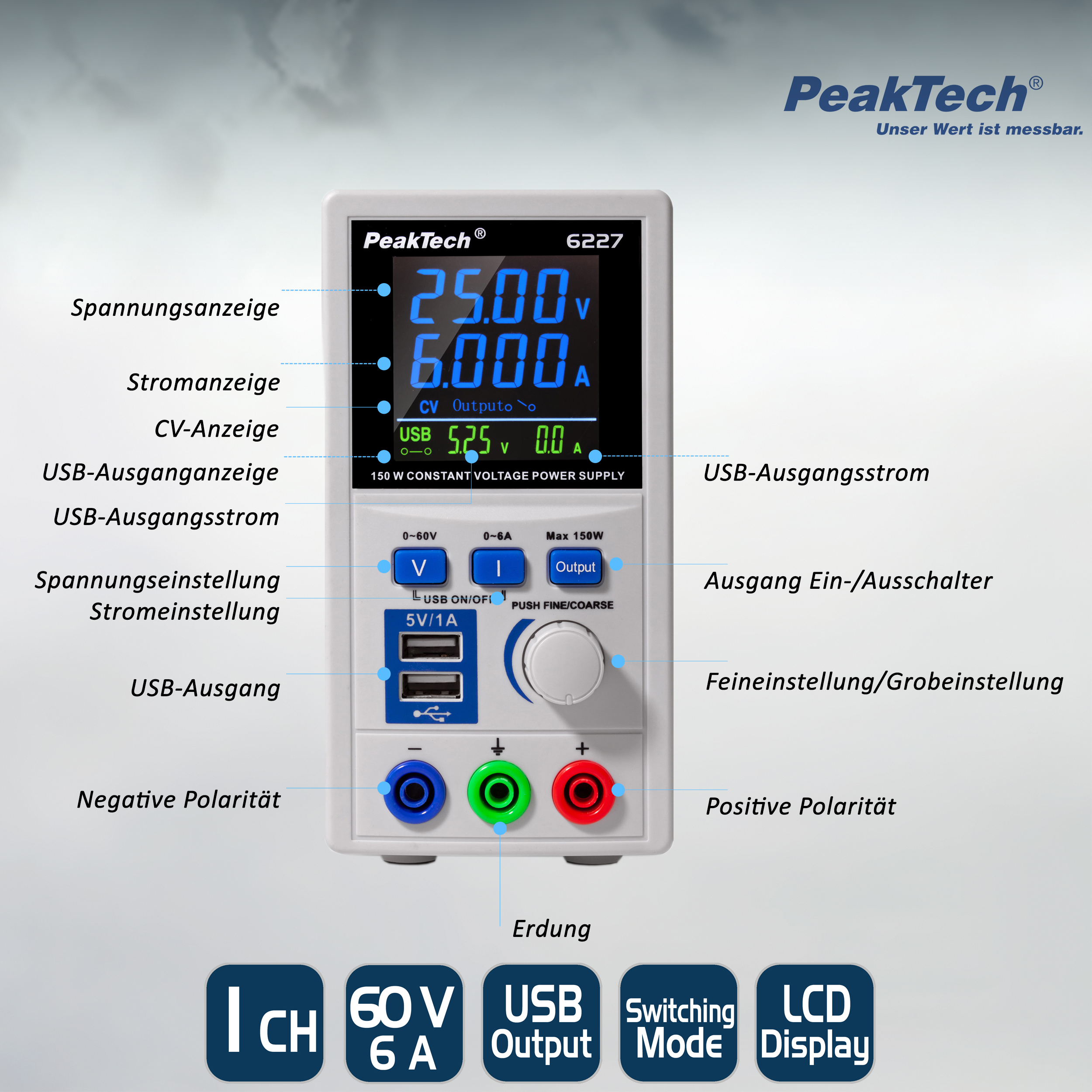 «PeakTech® P 6227» Switching Mode Power Supply 0 - 60 V / 0 - 6 A DC