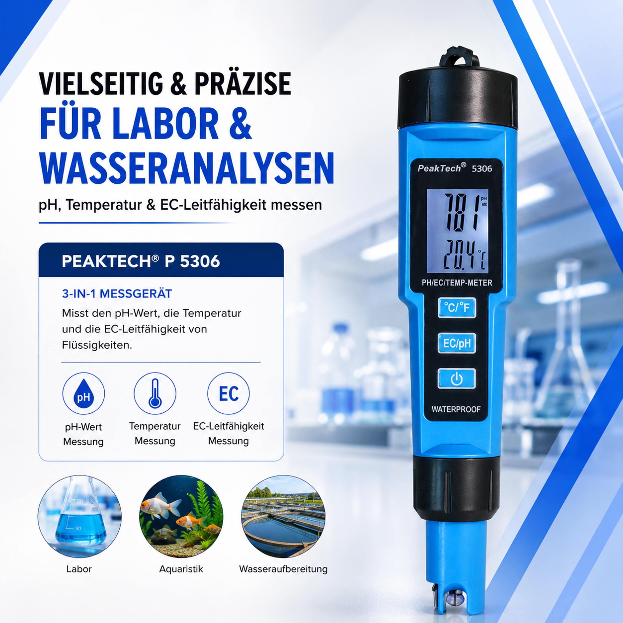 «PeakTech® P 5306» 3 in 1 PH-Meter for PH/EC/TEMP