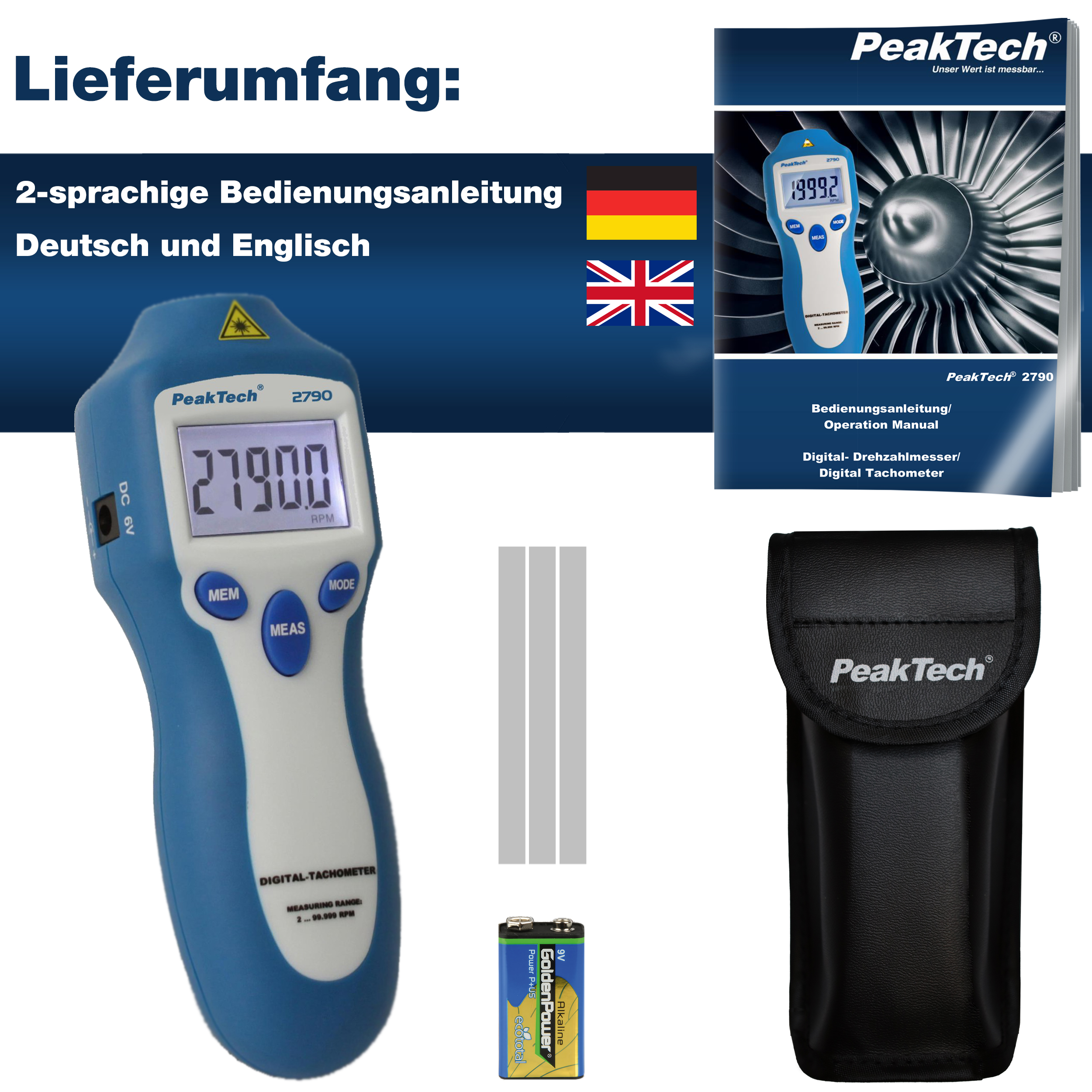 «PeakTech® P 2790» Drehzahlmessgerät, 5-stellig 1 ... 99.999 rpm
