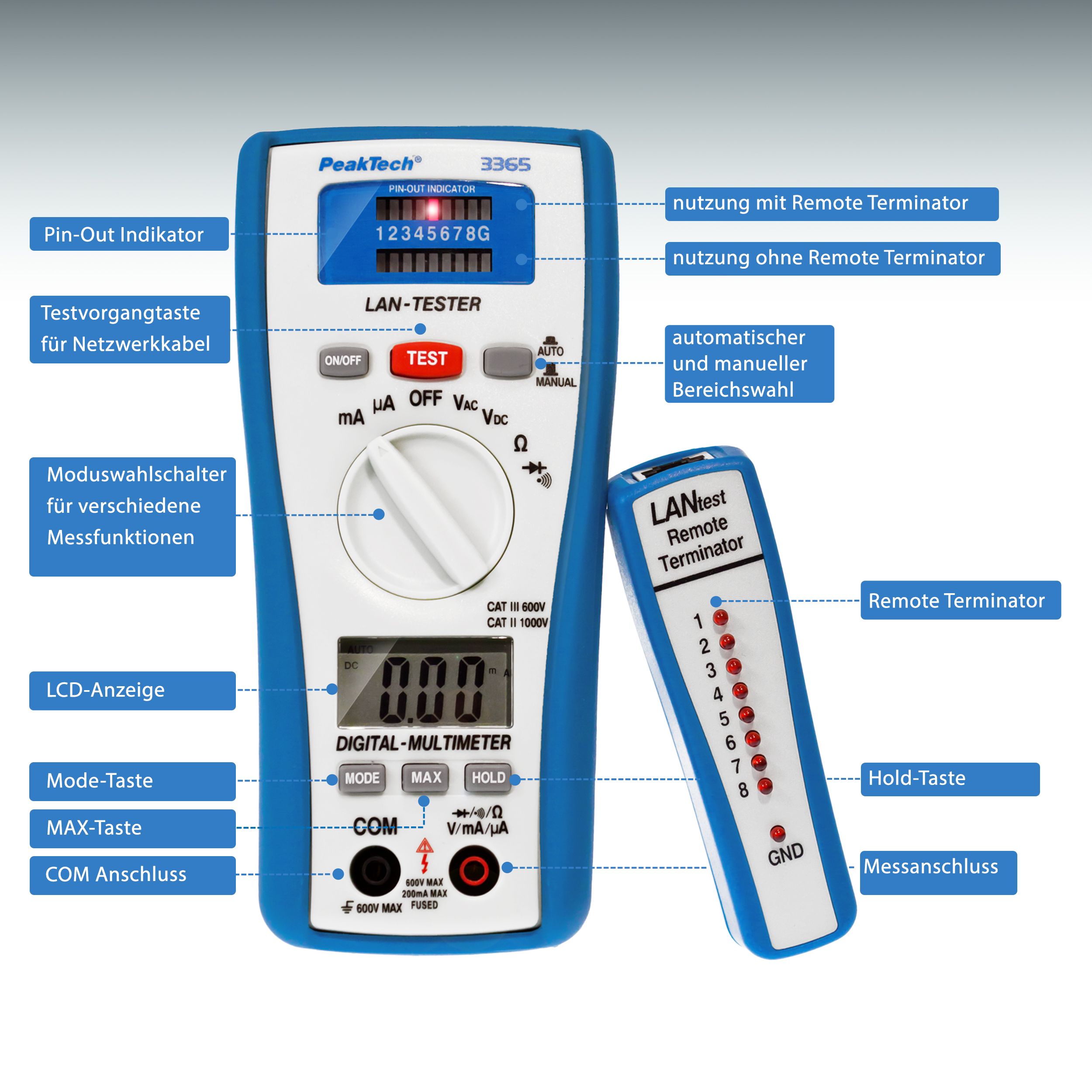 «PeakTech® P 3365» Multimetr cyfrowy 2000 liczy z testerem sieci LAN