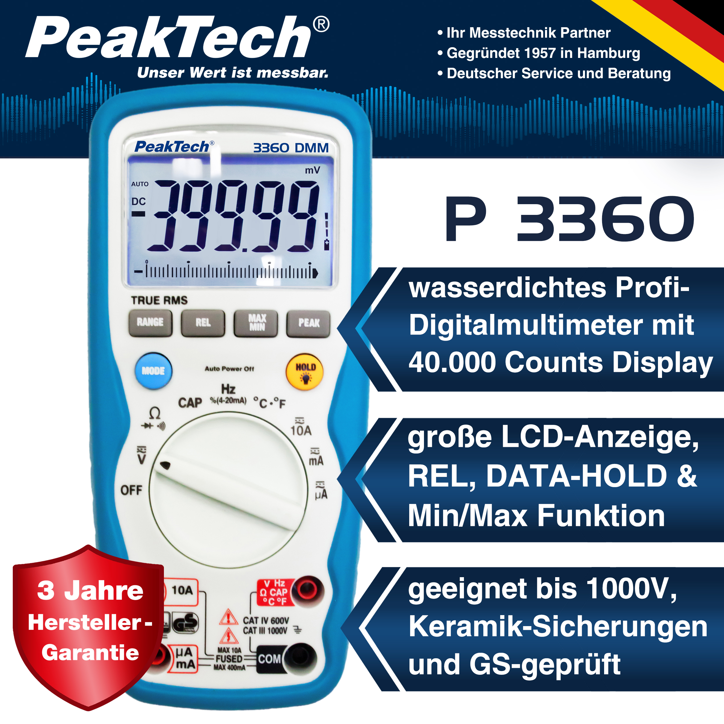 «PeakTech® P 3360» Digital multimeter, 40,000 counts, IP67 & TrueRMS
