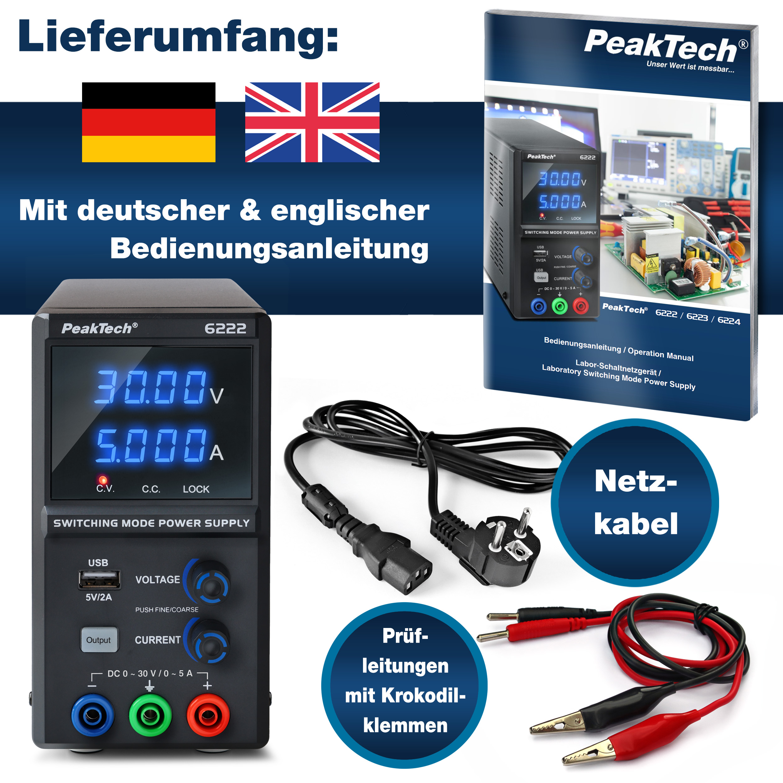 «PeakTech® P 6222» DC Labor-Schaltnetzteil, 0 - 30 V / 0 - 5 A