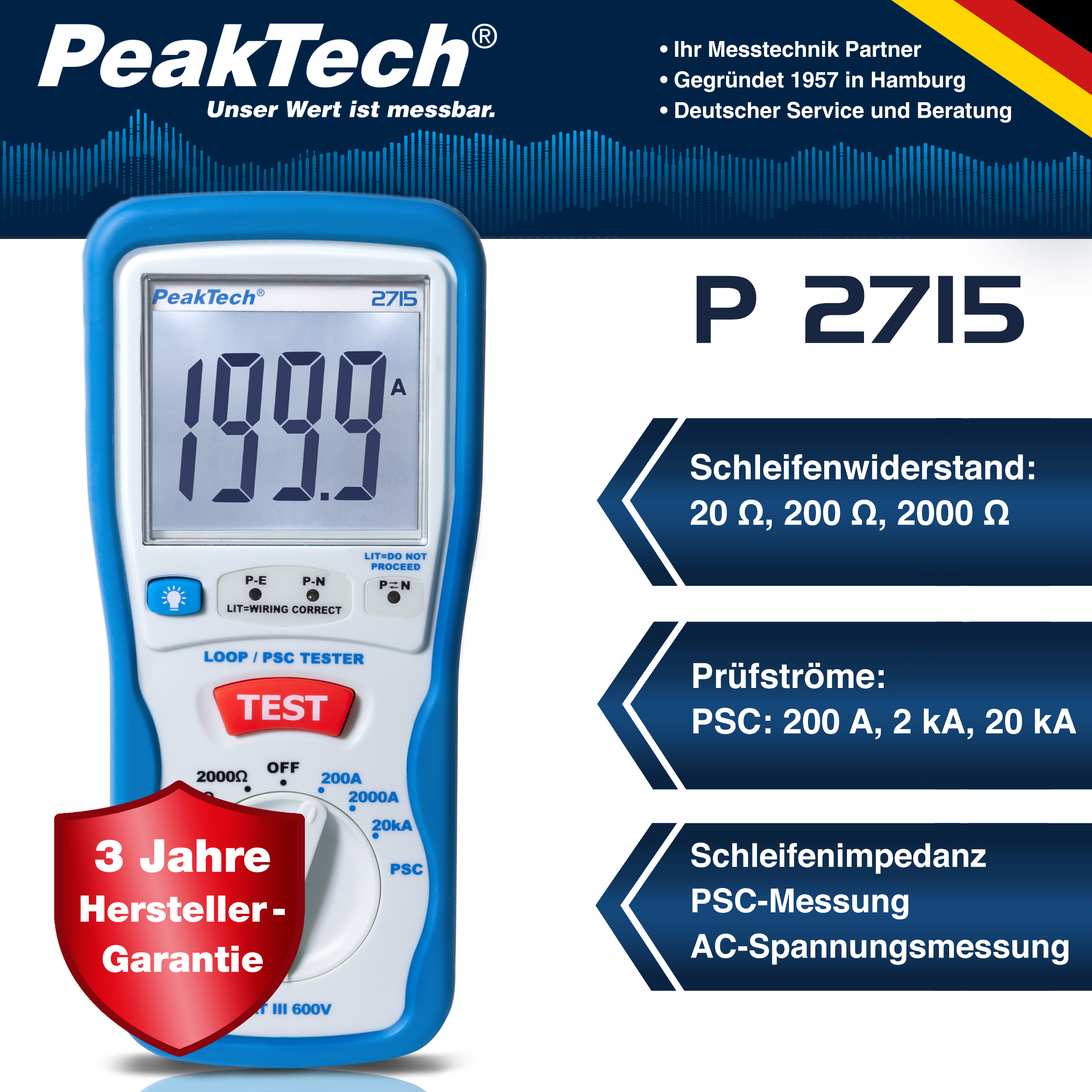 «PeakTech® P 2715» Digital LOOP / PSC loop impedance tester